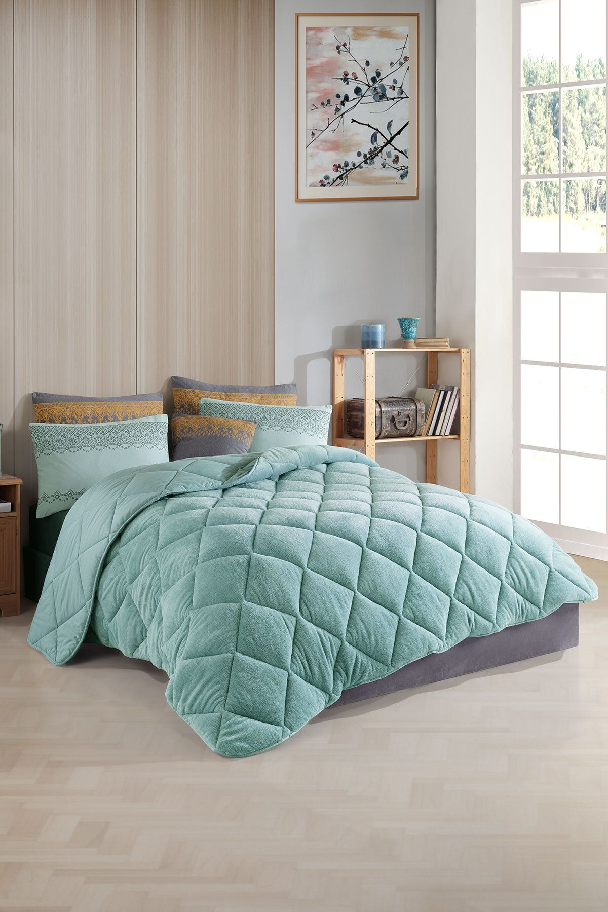 Otelonia-Single Wellsoft Quilt Set Double Sided 3 Piece Set with 2 Pillowcases Water Green 6