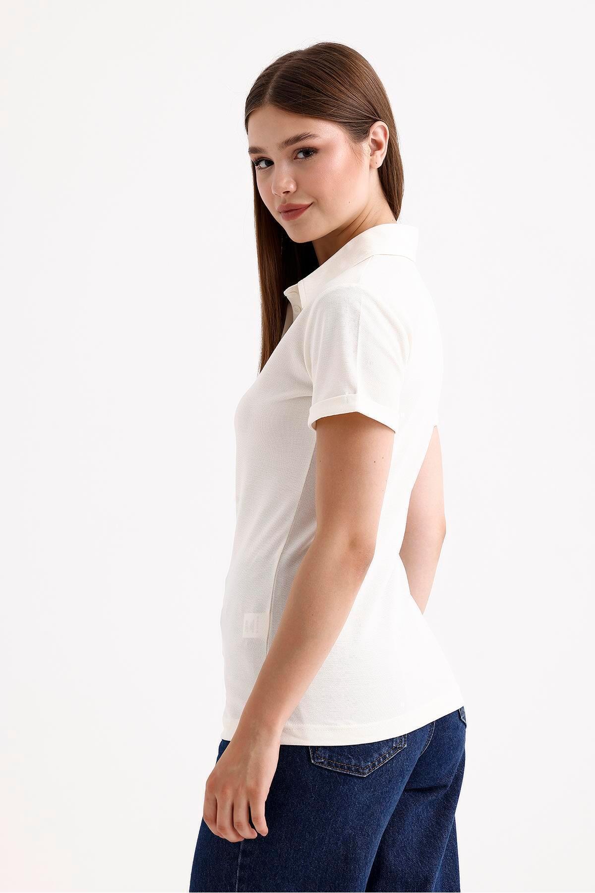 SWEETNESS-Cream Colored Women's Cotton Shirt Collar T-Shirt 6