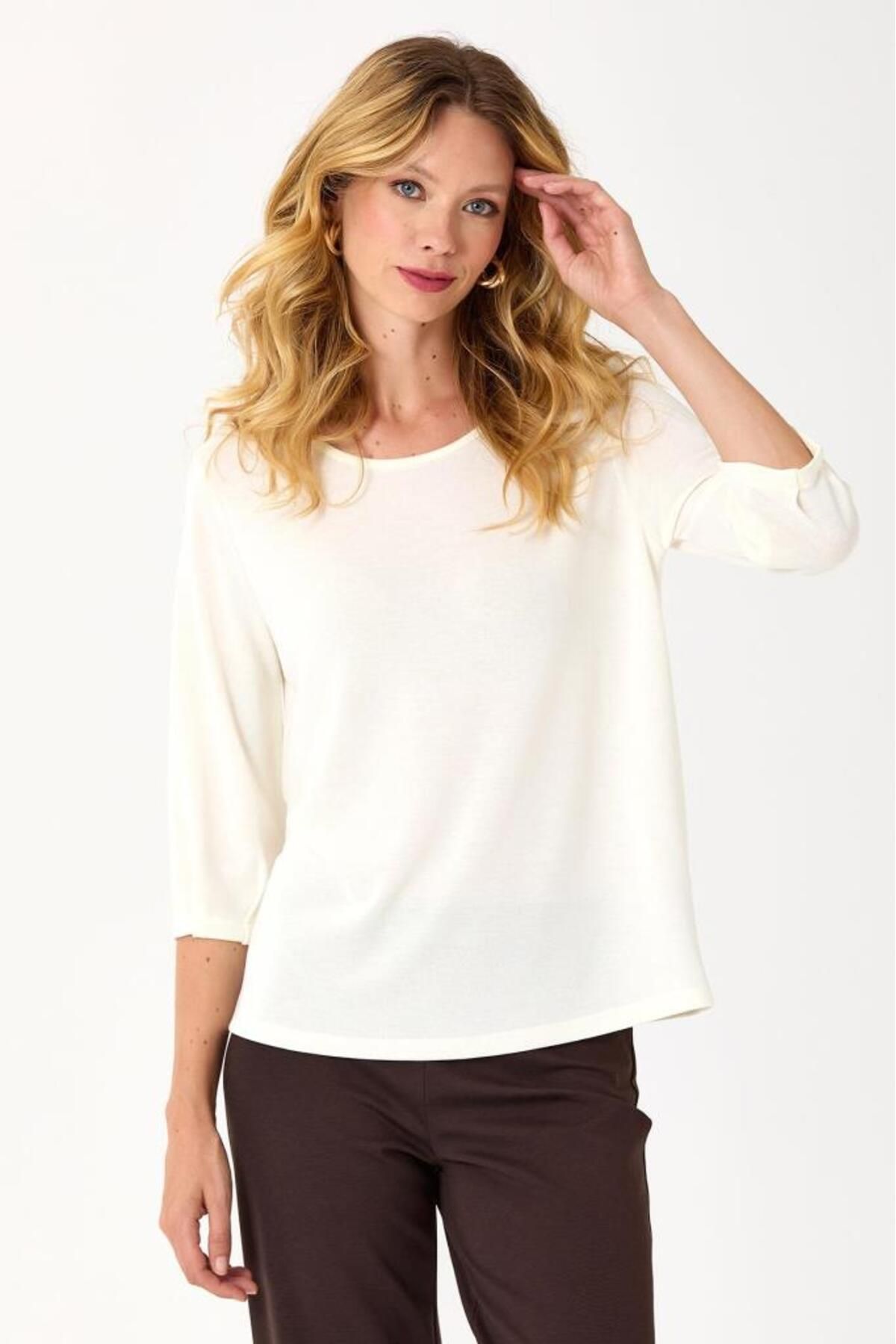 İKİLER-Ribbed Sleeve 3⁄4 Sleeve Blouse 245-1002 3