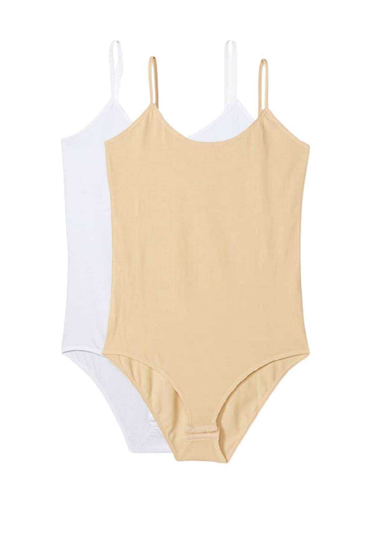 Angoravi 2 Adet İp Askılı Kadın Çıtçıtlı Body Beyaz ve Ten