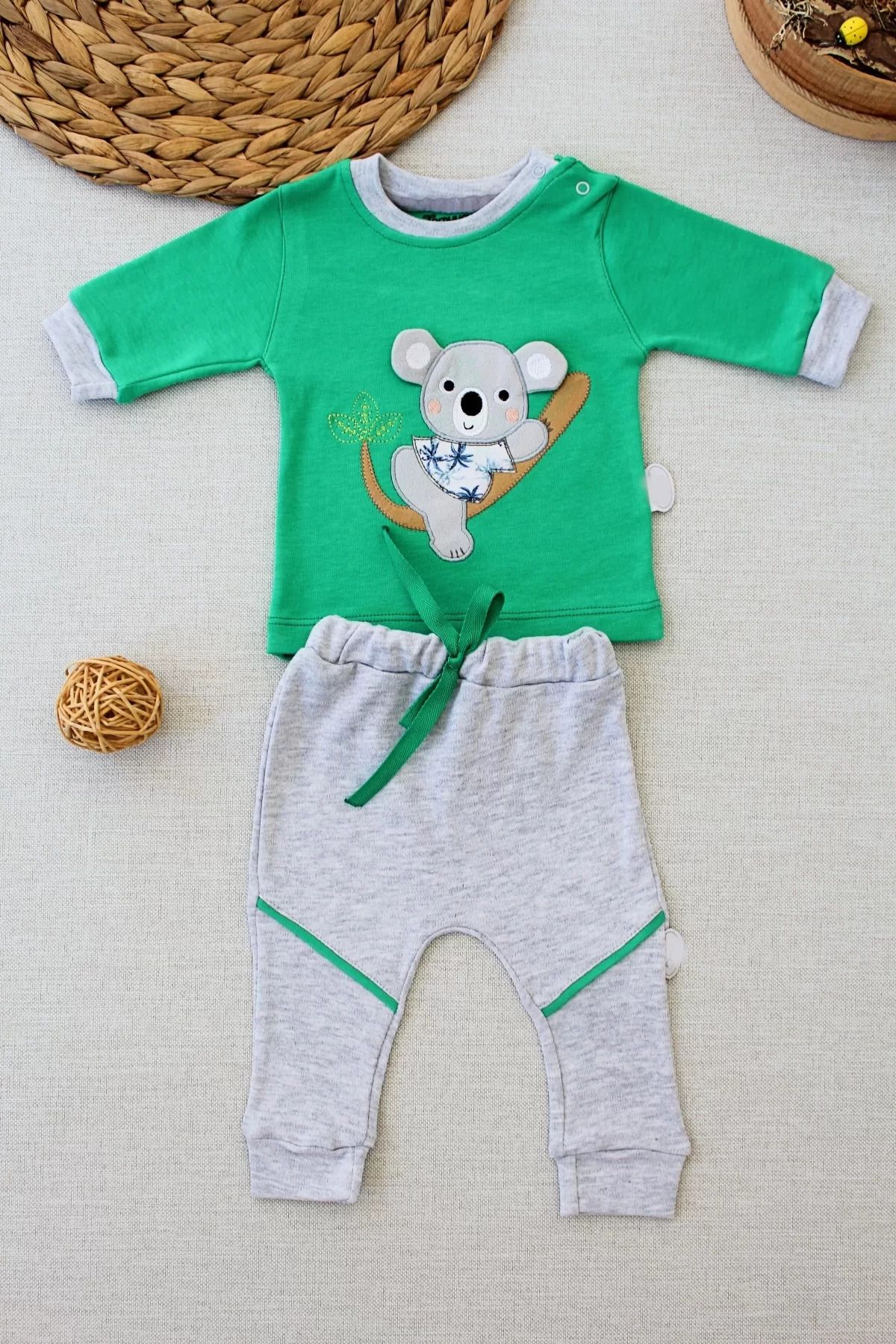 yusuftex Yavru Koala Nakışlı Uzun Kollu Sweat 2li Kız Erkek Bebek Takımı Yeşil