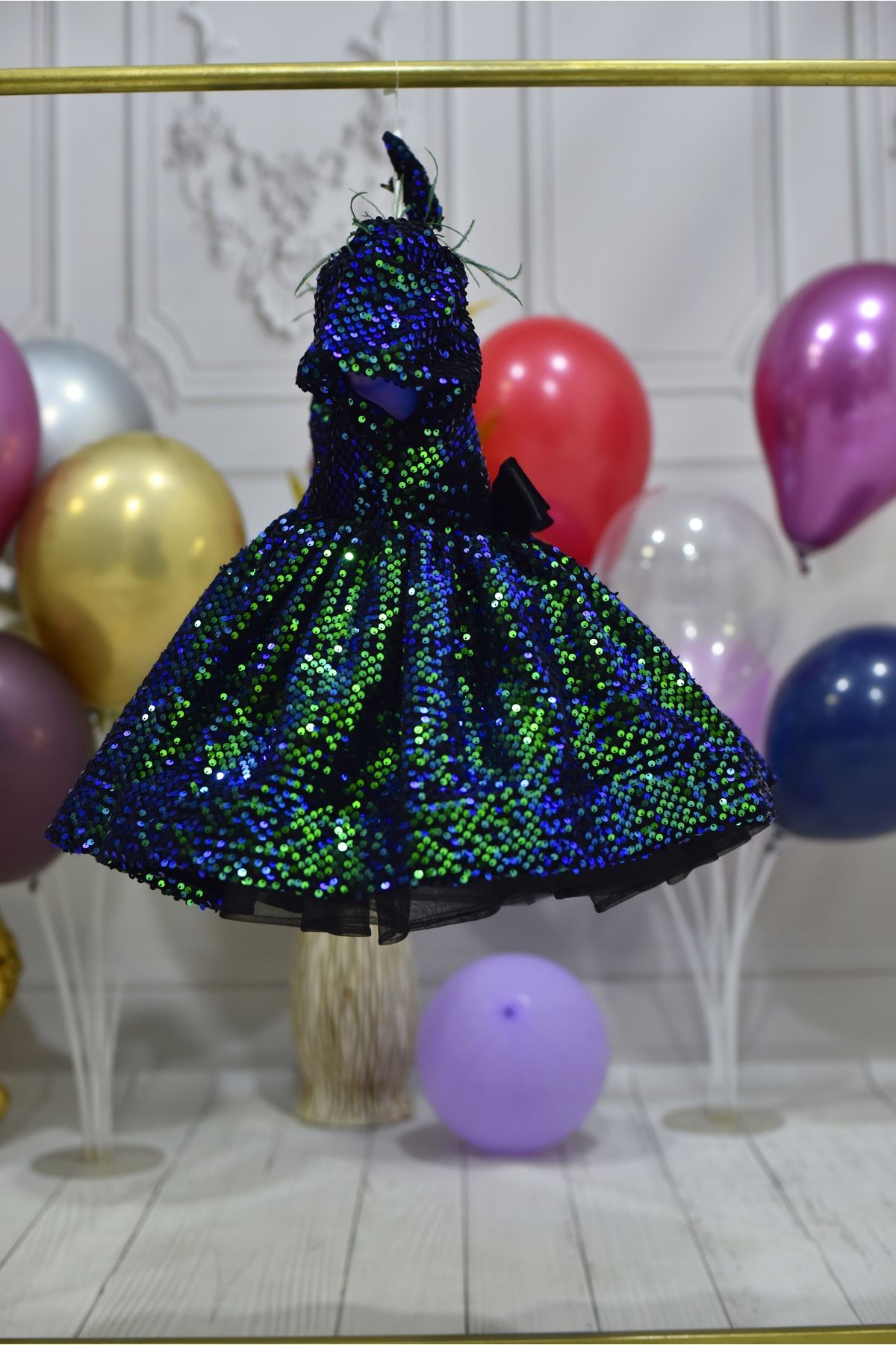 ELLUSSİ-Emerald Green Hologram - Front Low-Cut Short Balloon Sleeve Girl's Dress 3