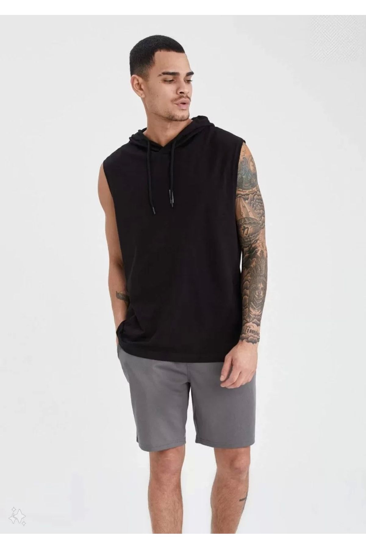 CVS Unisex Kapşonlu Kolsuz Düz Oversize T-shirt - Siyah