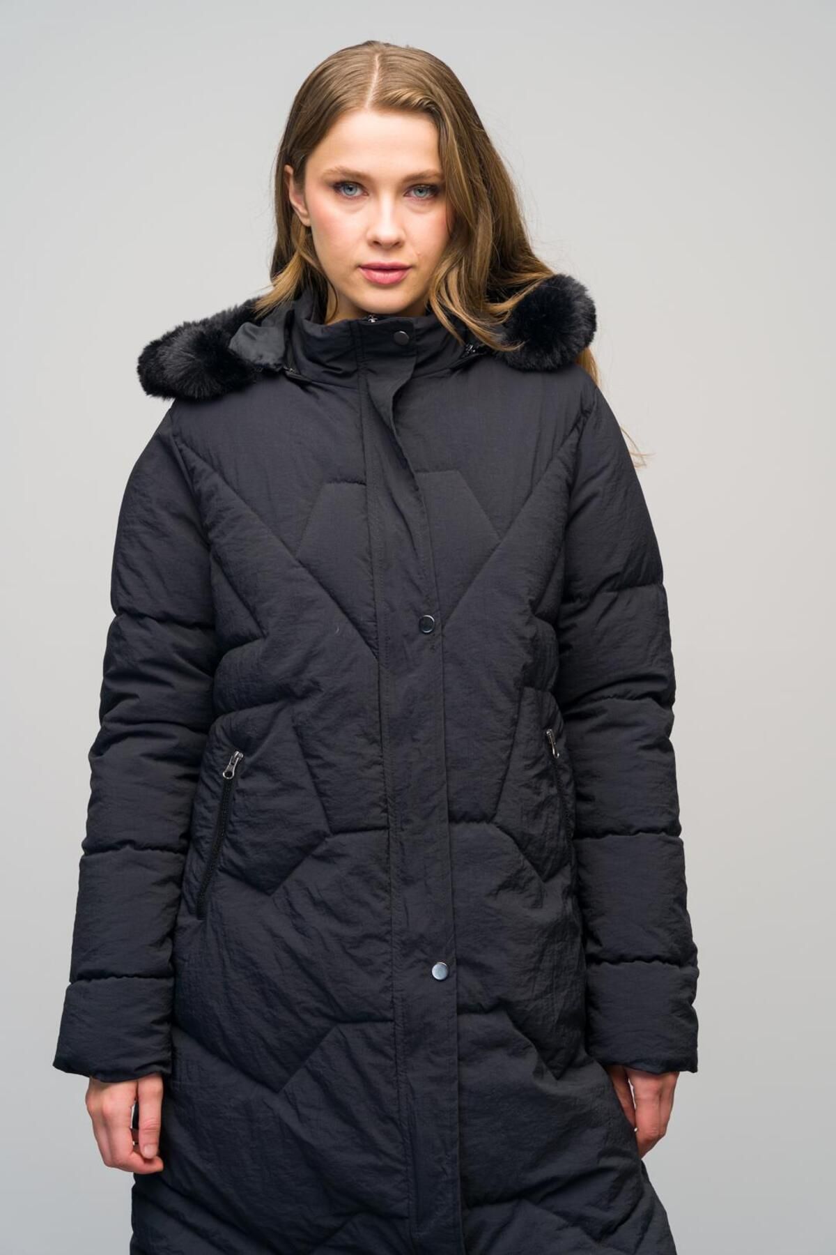 Olcay-Patterned Quilted Coat - Detachable Fur and Hood, Black 6620 2