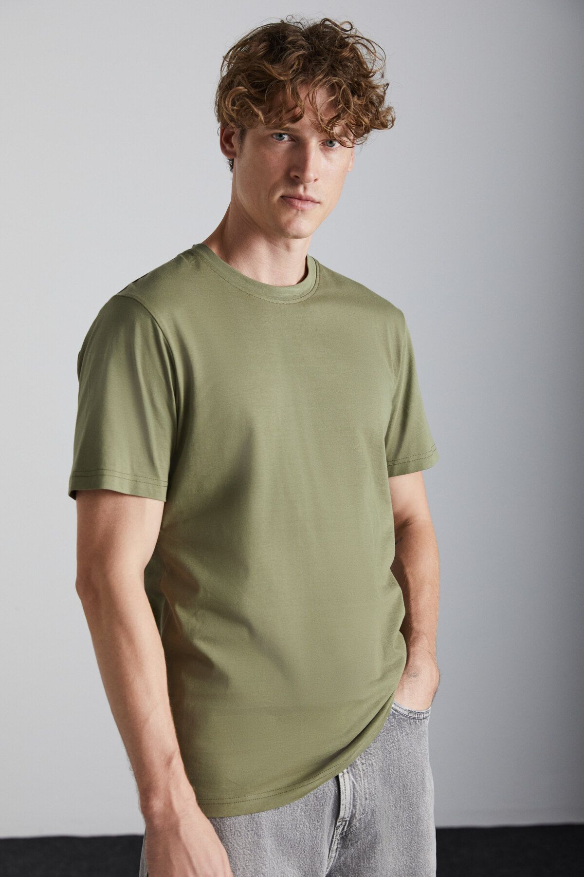 GRIMELANGE-Mıchel Men's Slim Fit Slim Fit 100% Organic Cotton Side-Looking Stitched Basic Knitted Khaki T-Shirt 4