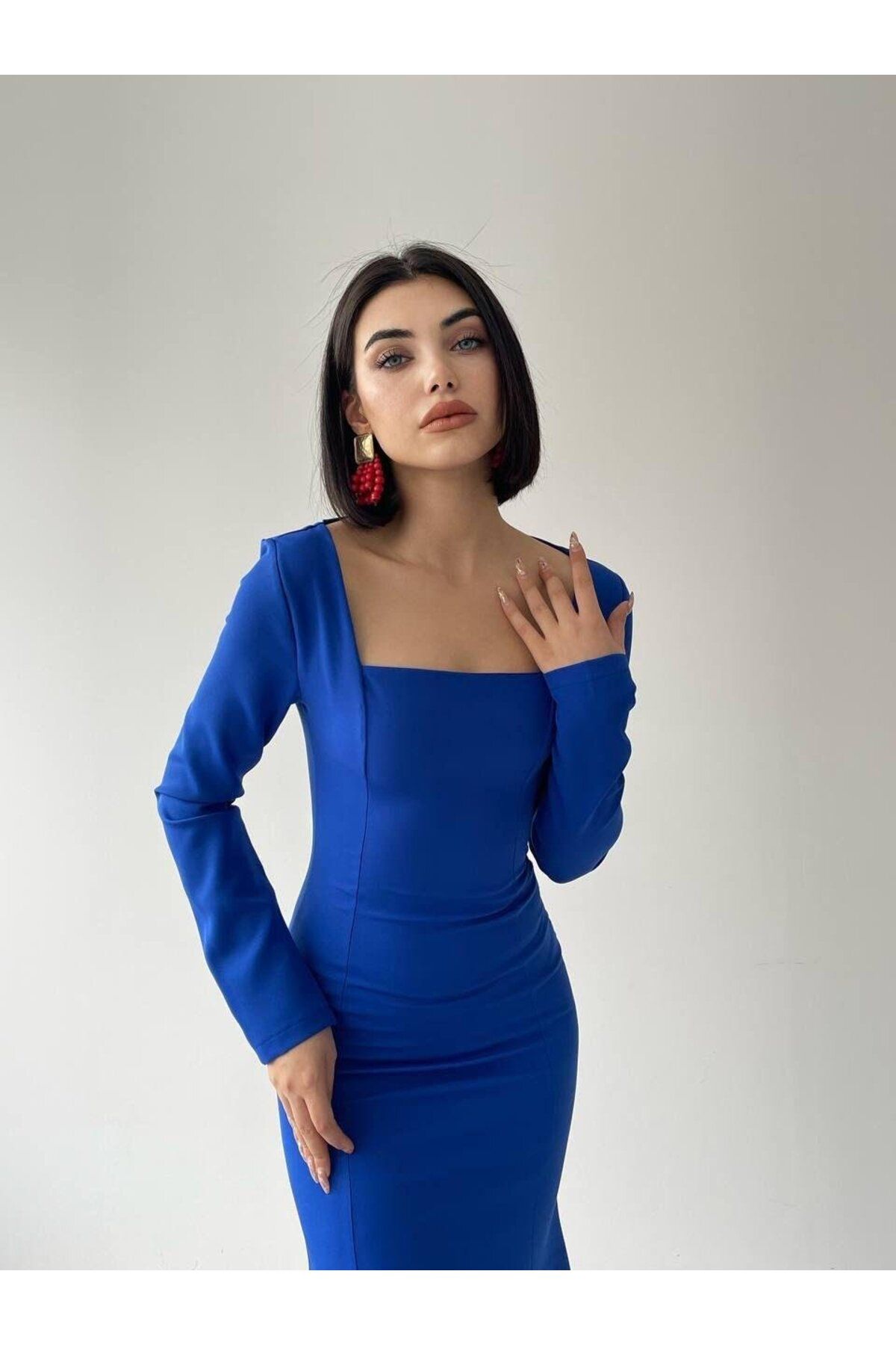 conconmoda-فستان أزرق طويل بياقة مربعة 5