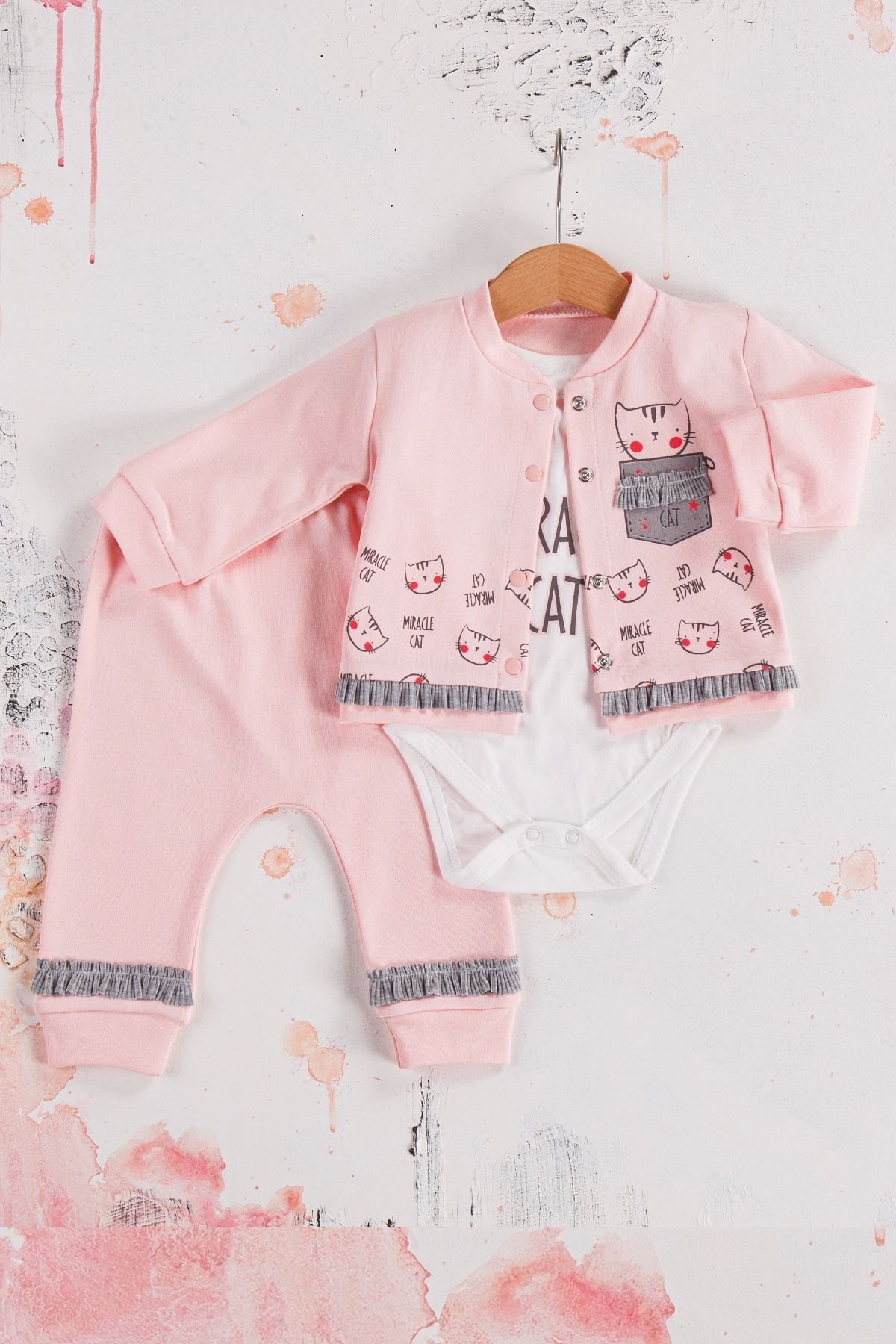 Babydonat ست دخترانه 3 تکه ژاکت کش باف پشمی طرح گربه