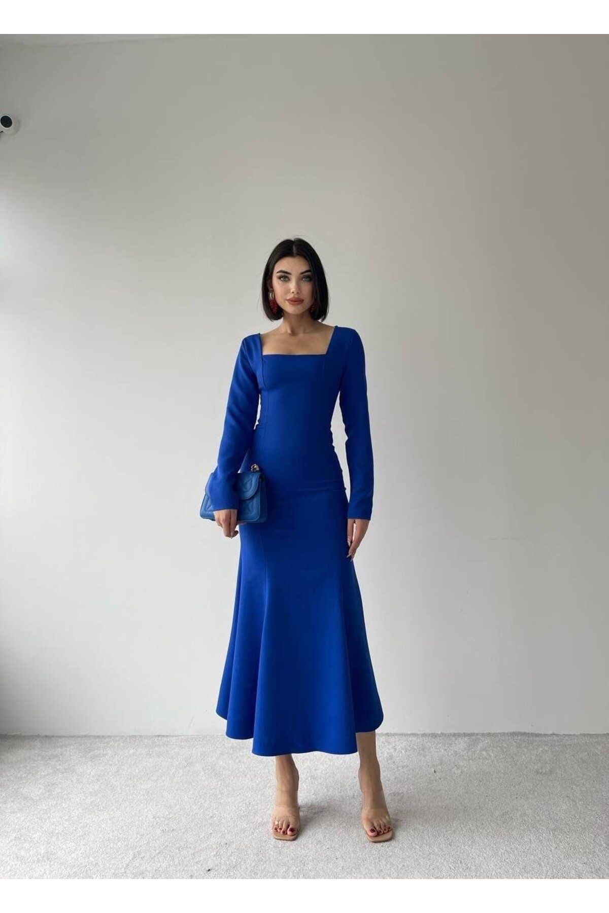 conconmoda-فستان أزرق طويل بياقة مربعة 2