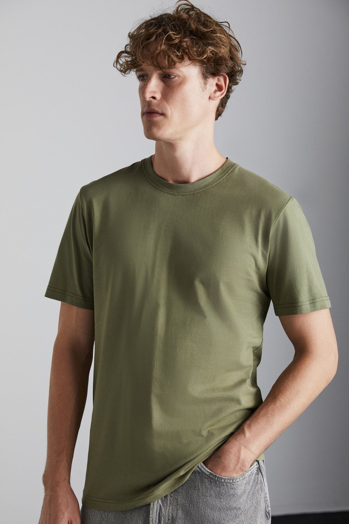 GRIMELANGE-Mıchel Men's Slim Fit Slim Fit 100% Organic Cotton Side-Looking Stitched Basic Knitted Khaki T-Shirt 3