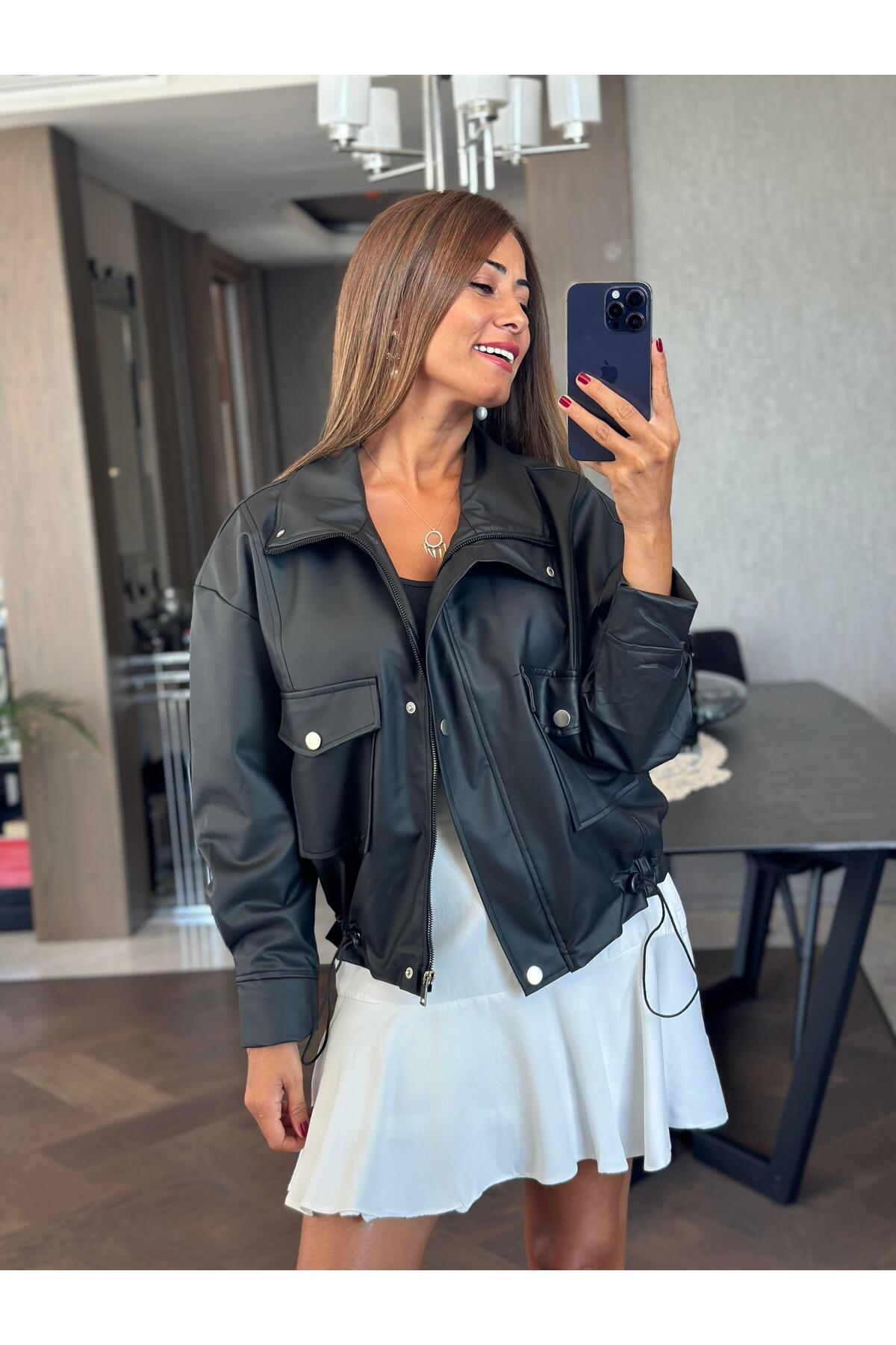 Forlady4-Adjustable Elastic Zippered Black Women's Leather Coat 7