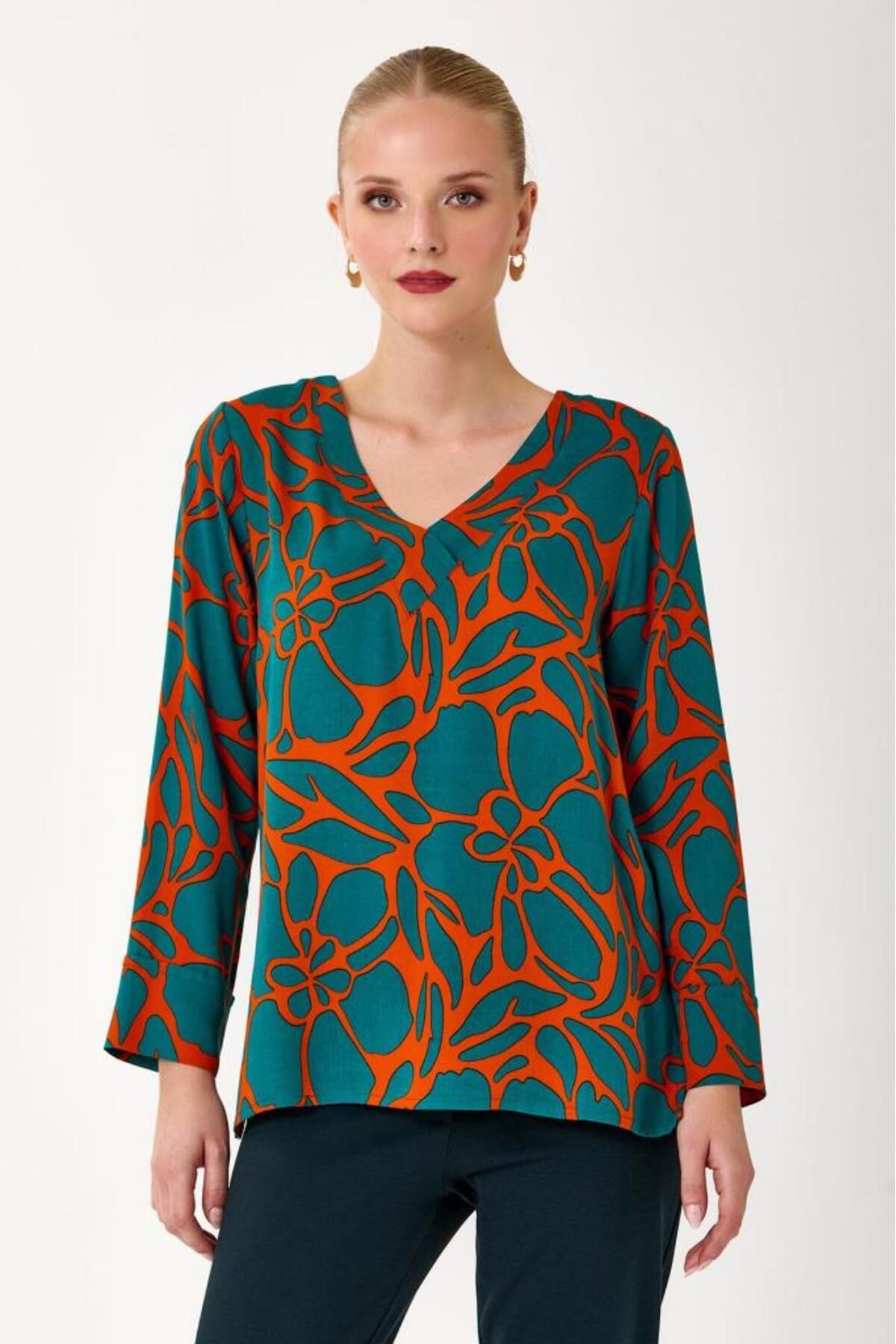 İKİLER-V-Neck Patterned Long Sleeve Blouse 245-3030 2