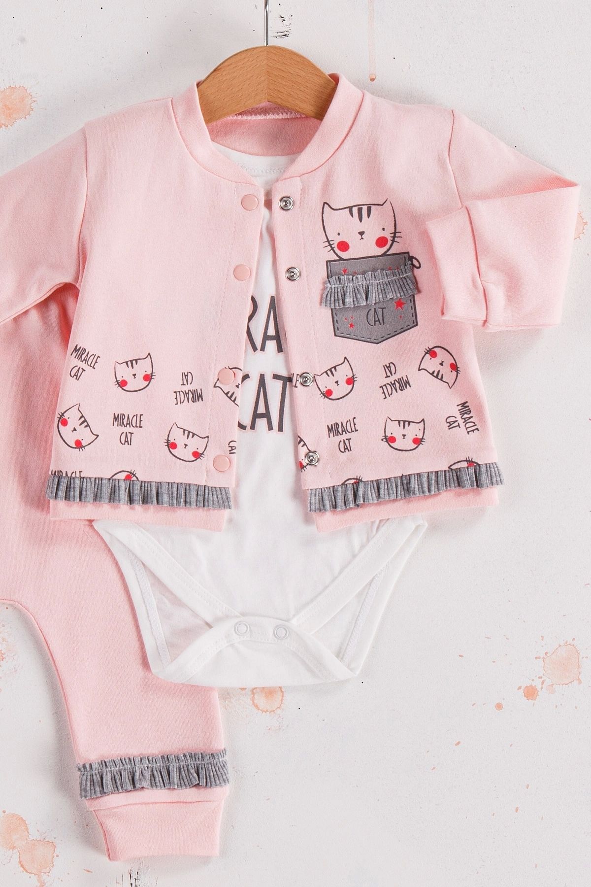 Babydonat ست دخترانه 3 تکه ژاکت کش باف پشمی طرح گربه