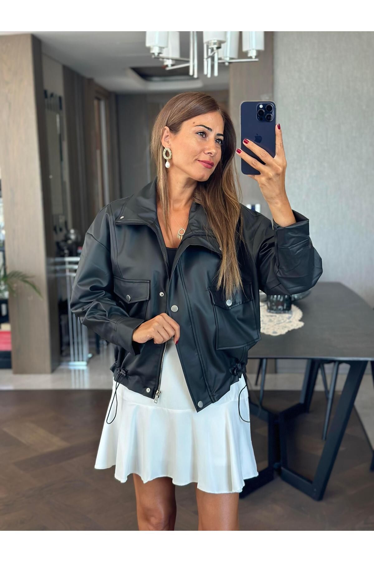 Forlady4-Adjustable Elastic Zippered Black Women's Leather Coat 8
