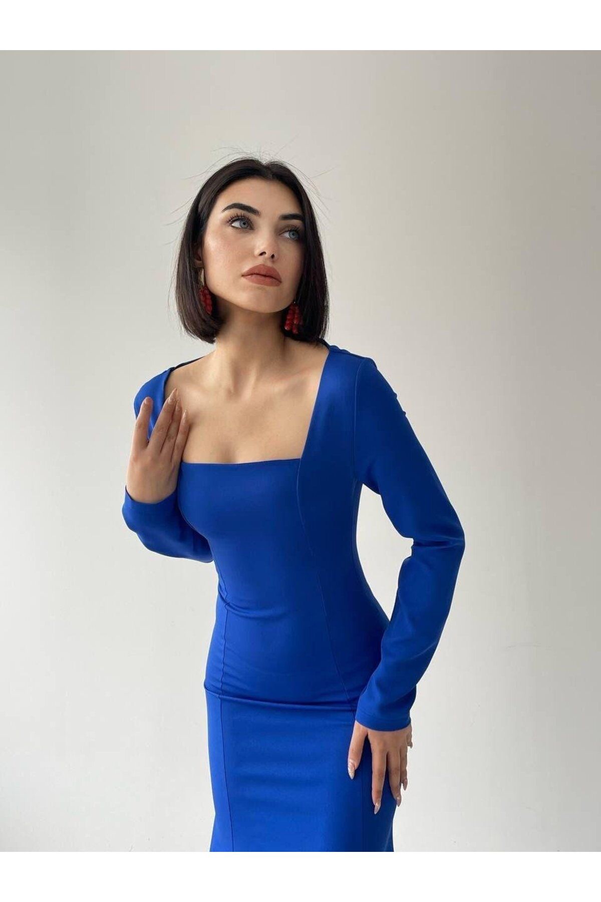 conconmoda-فستان أزرق طويل بياقة مربعة 8