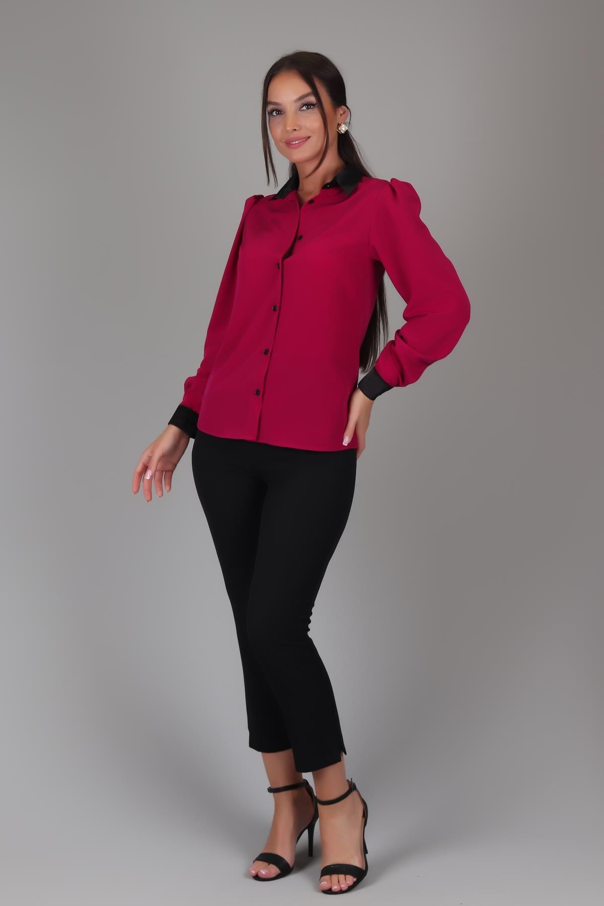 SWEETNESS-Fuchsia Satin Women's Shirt - Silk Collar, Long Sleeve 4