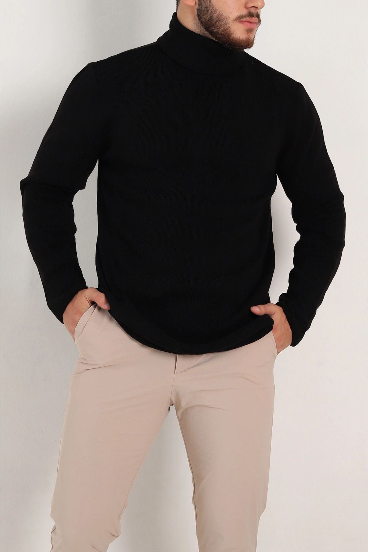 vuvutasarım-New Season Black Slim Fit Lycra Turtleneck Pulover tricot subțire pentru bărbați 4