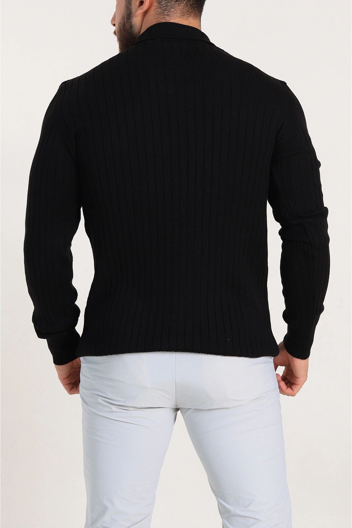 vuvutasarım-New Season Black Slim Fit Lycra Stripe Textured Polo Collar Men's Thin Knitwear Sweater 3