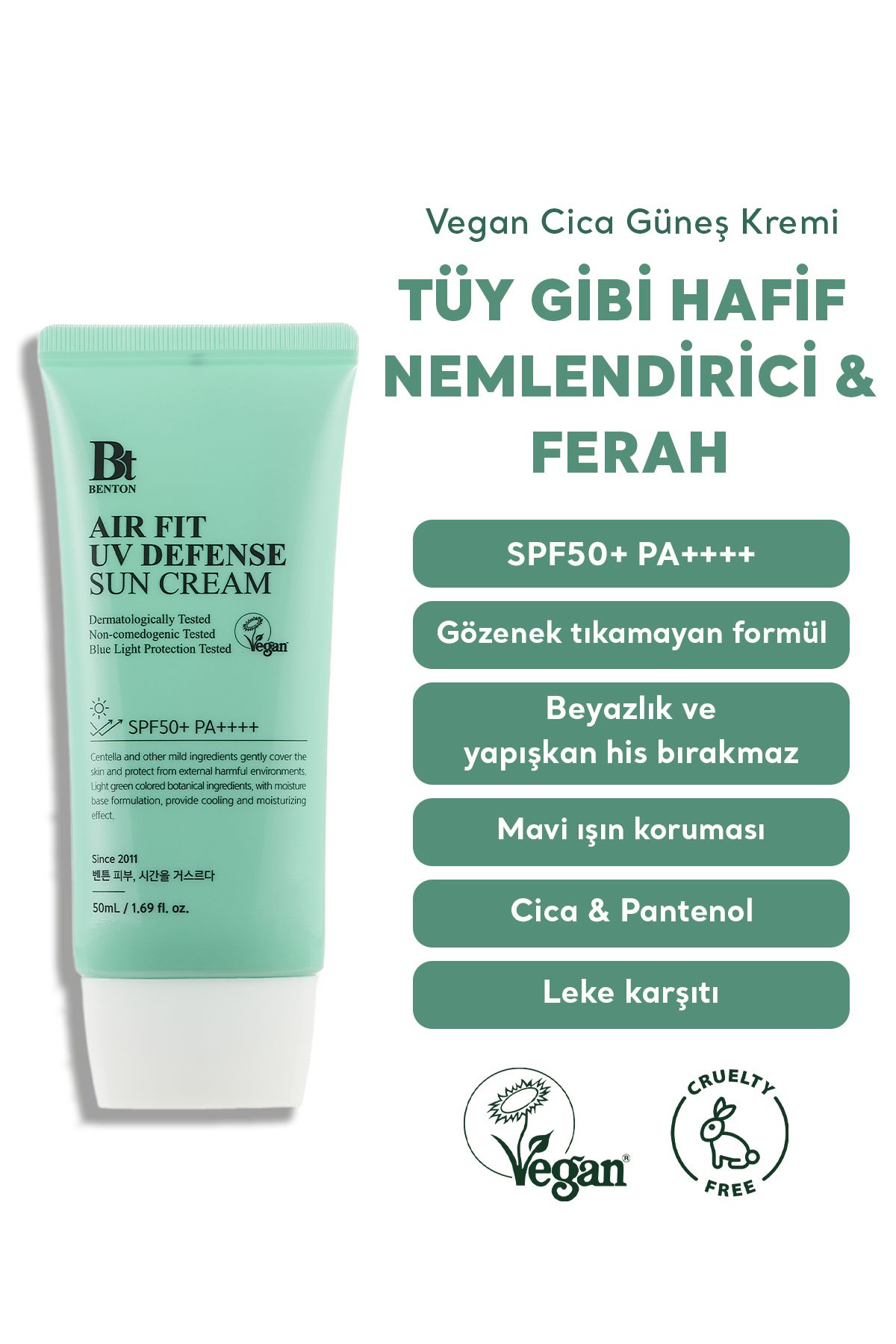 Air Fit UV Defense Sun Cream SPF50+ PA++++ 50ml - Vegan Cica Güneş Kremi