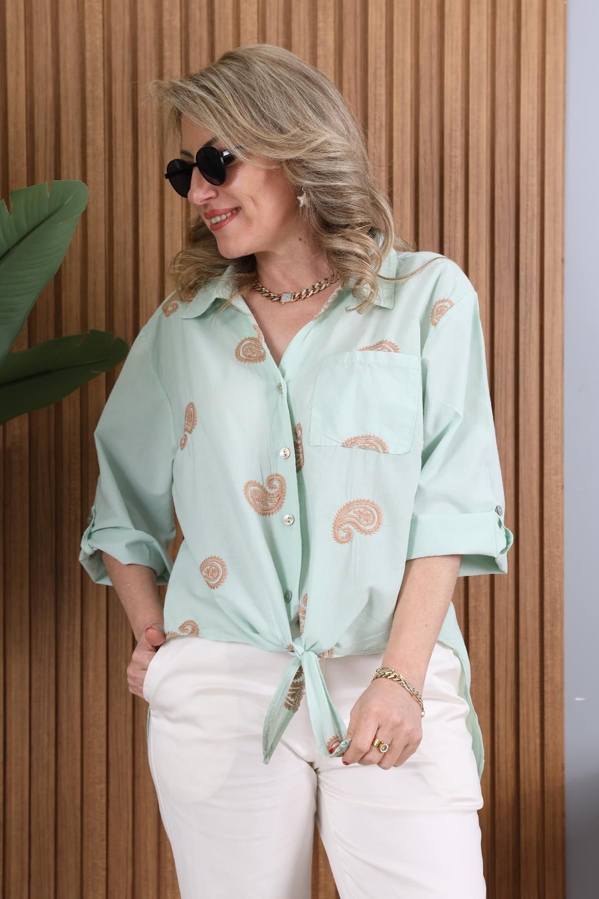 MİSLİNA BUTİK-Mint Green Shawl Patterned Imported Shirt with Tie Detail 5