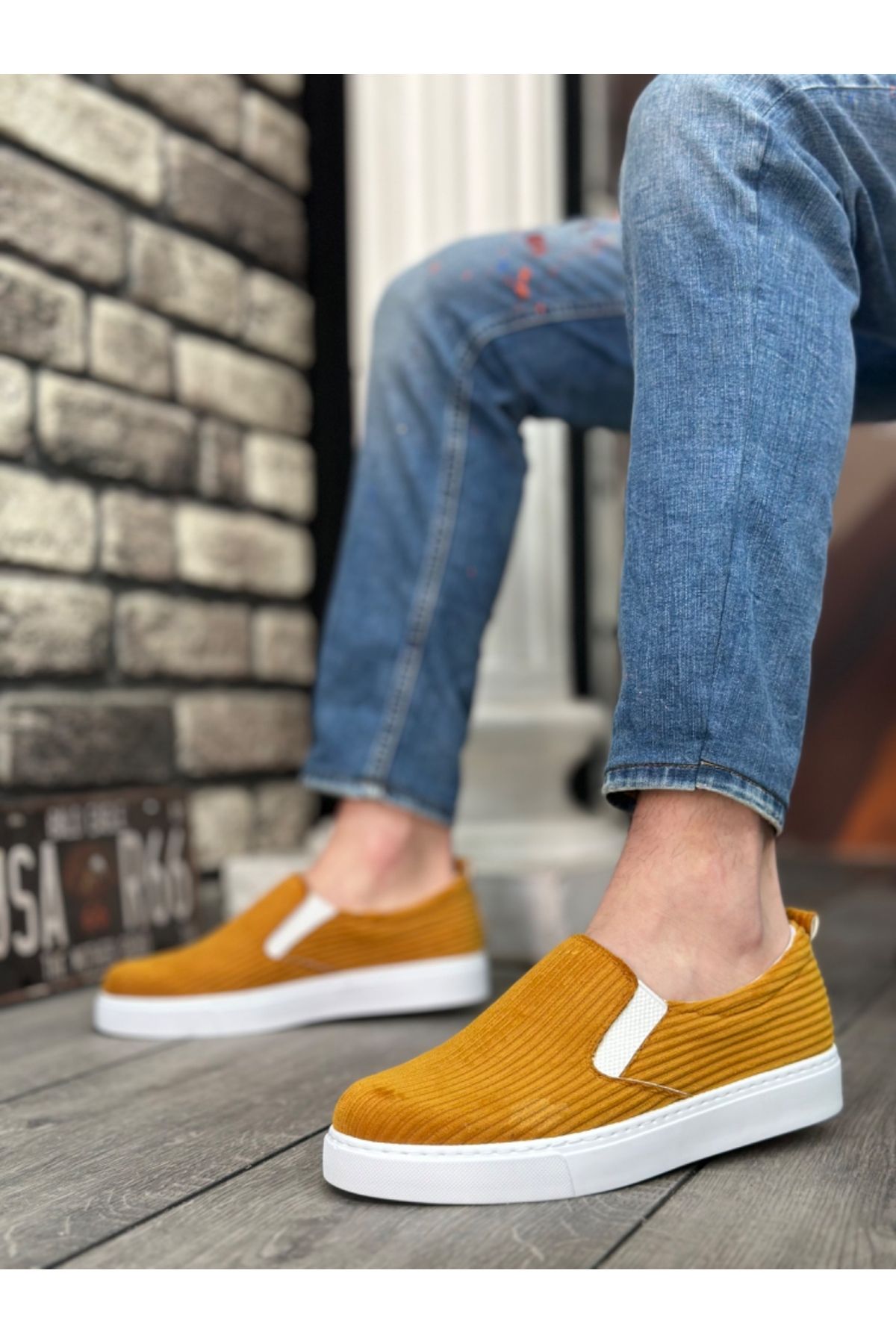 BOA-BA0339 - Pantofi casual pentru bărbați din catifea muștar, cu talpă albă 6