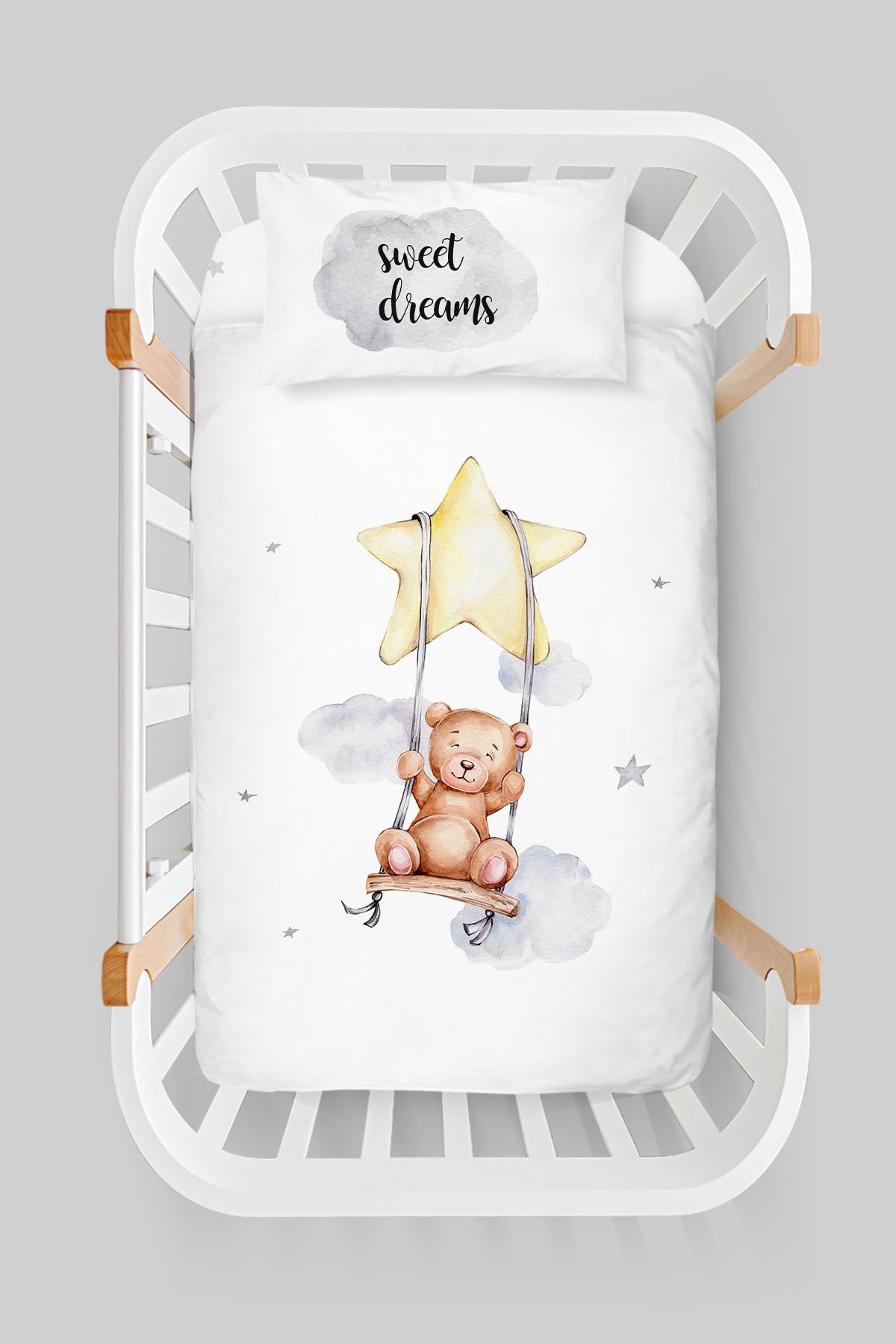 Tuğba Kuğu-Mother's Side Crib Bedding Set (60X100) - Pure Baby Series - Brown Bear Swinging on the Star 3