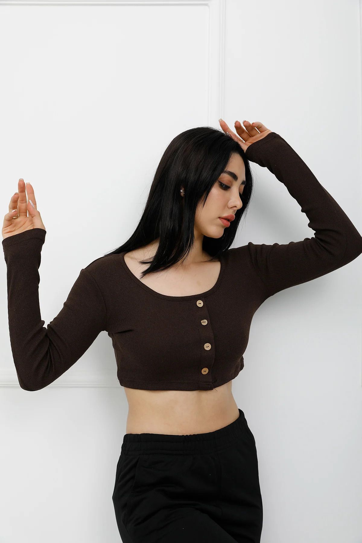 PİNK STAR Düğmeli Mini Crop Bady Kahve - P-020494