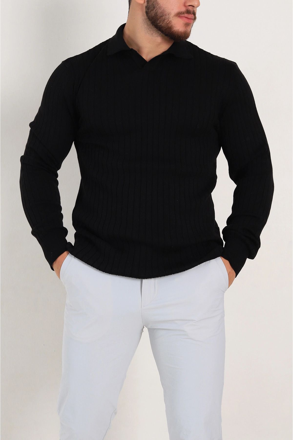 vuvutasarım-New Season Black Slim Fit Lycra Stripe Textured Polo Collar Men's Thin Knitwear Sweater 4