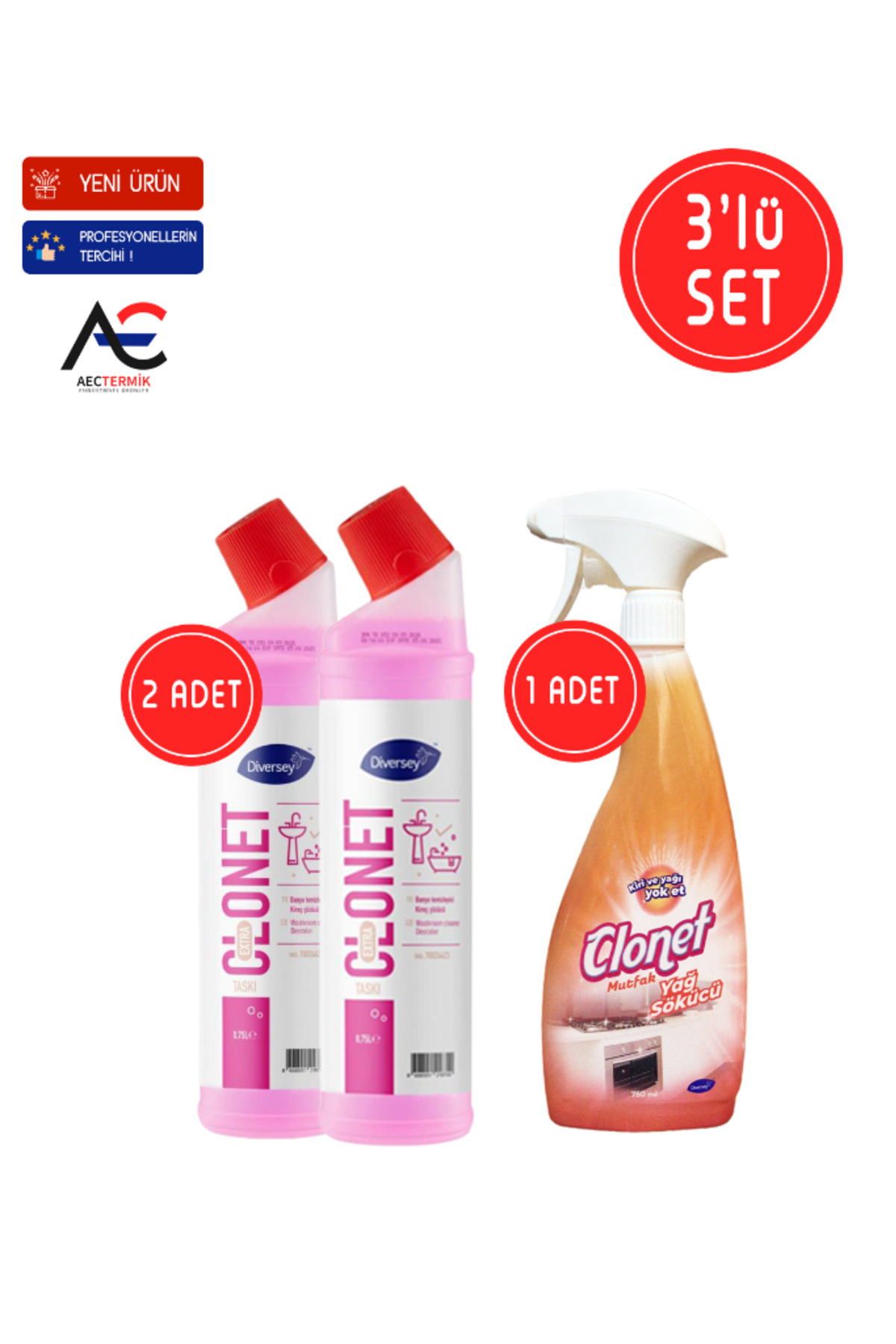 Diversey Clonet Temizlik Paketi ( 1 Adet Mutfak Temizleyici + 2 Adet Banyo ve Kireç Çözücü ) 3'lü Set