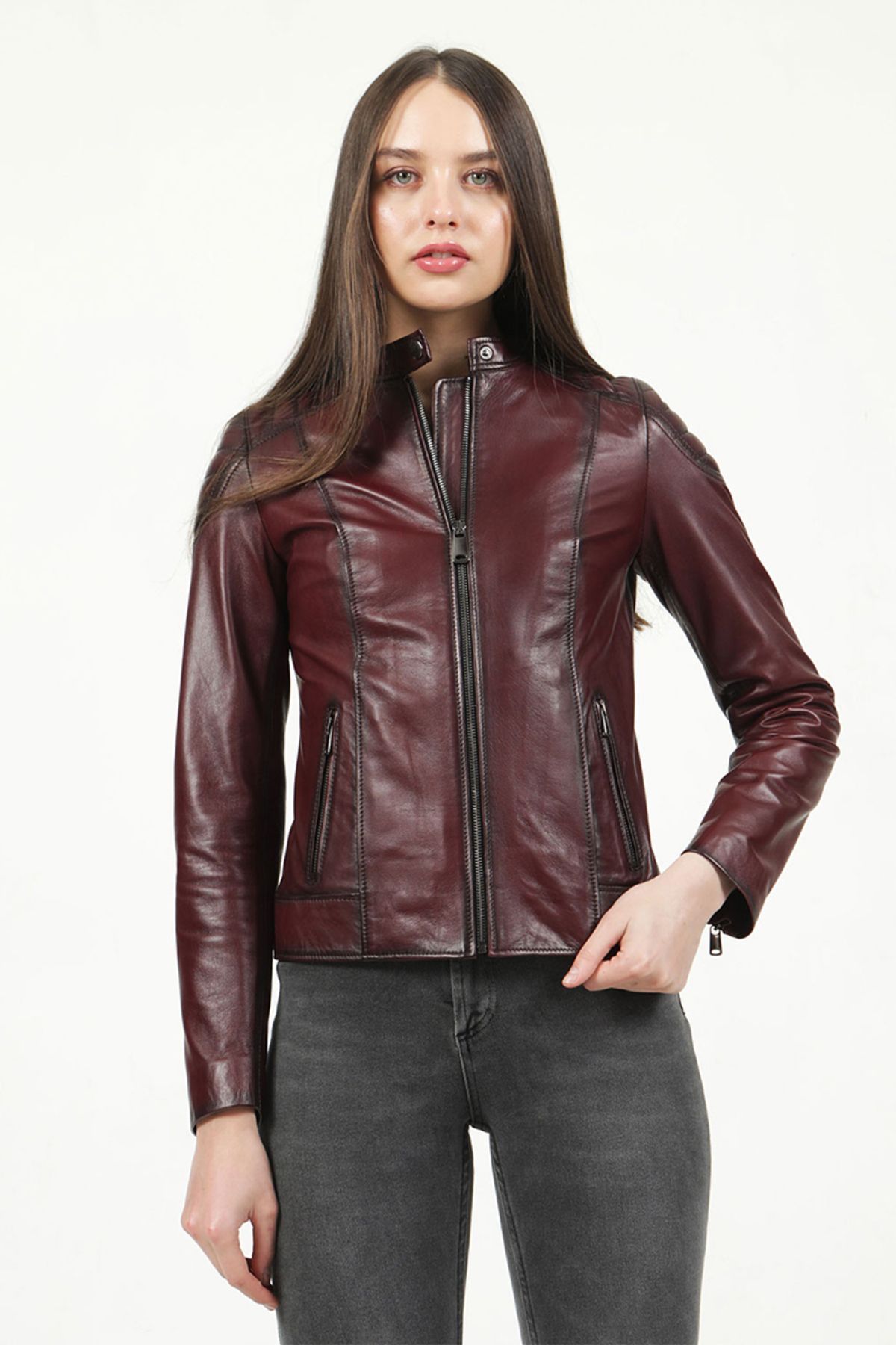 Dericlub-Yb2156 Real Leather Women's Coat Claret Red 3