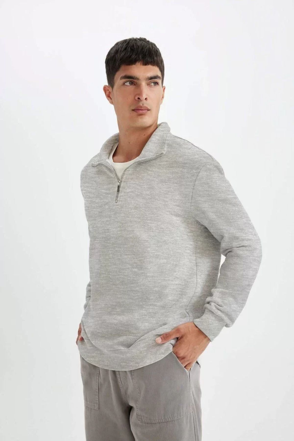 SA Alişveriş Dünyam Unisex Uzun Kol Yarım Farmuarlı Yakalı Basic SweatShirt - Gri