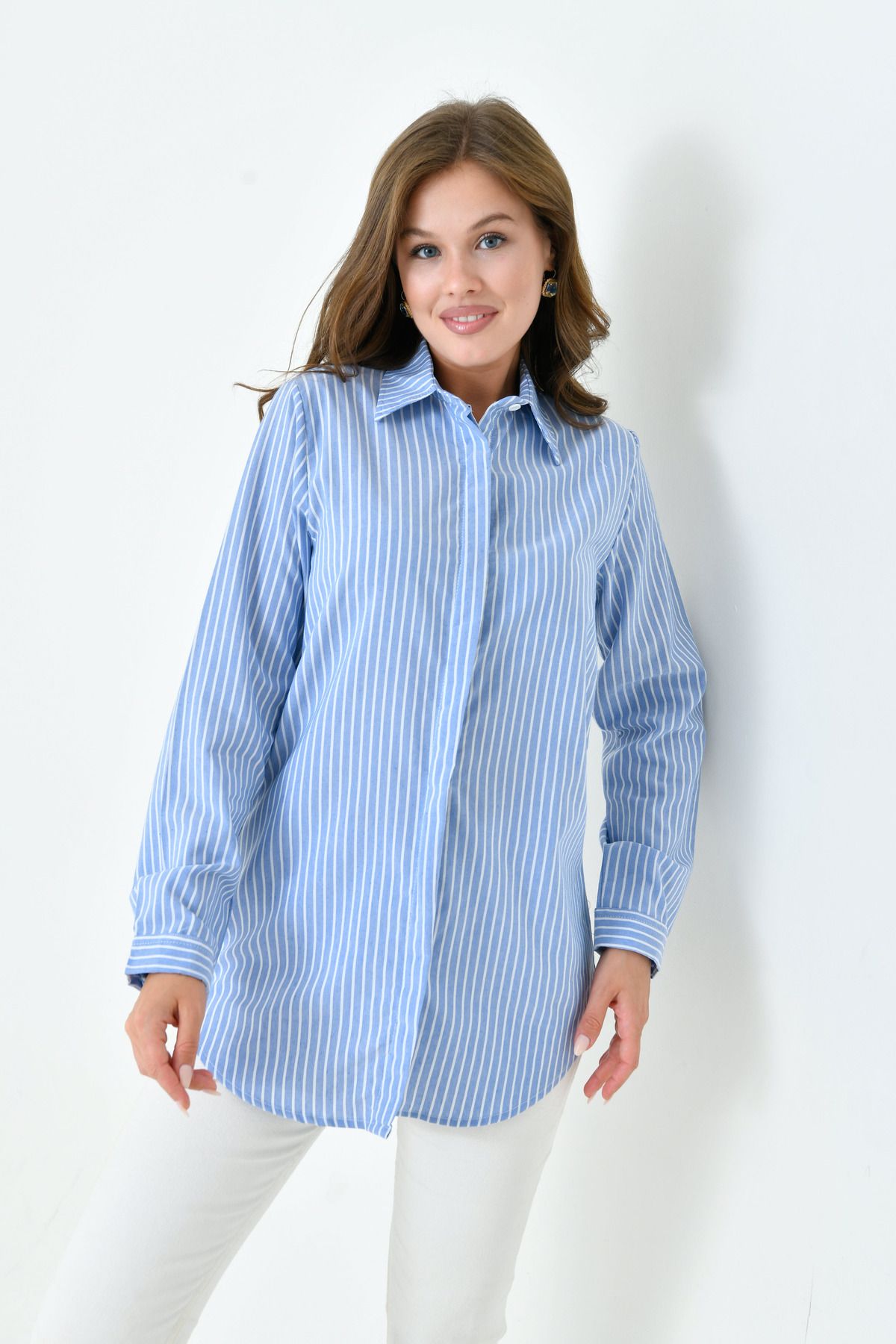 enmodaiçgiyim-Blue-White Striped Long Basic Women's Shirt 2