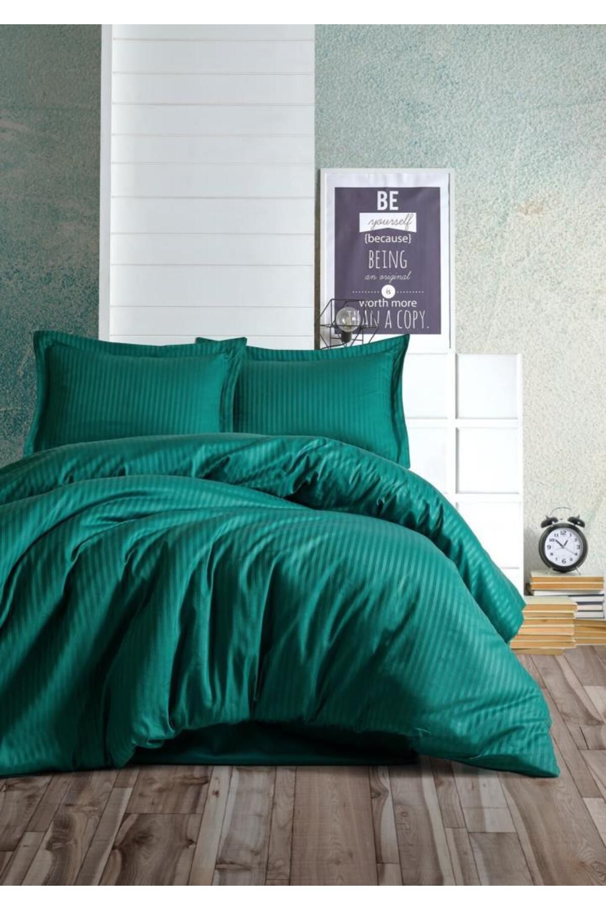 OEM Çift Kişilik Saten Nevresim Takımı Elegante Stripe Petrol