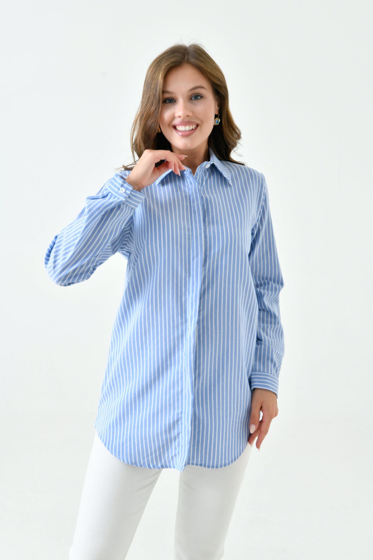 enmodaiçgiyim-Blue-White Striped Long Basic Women's Shirt 4