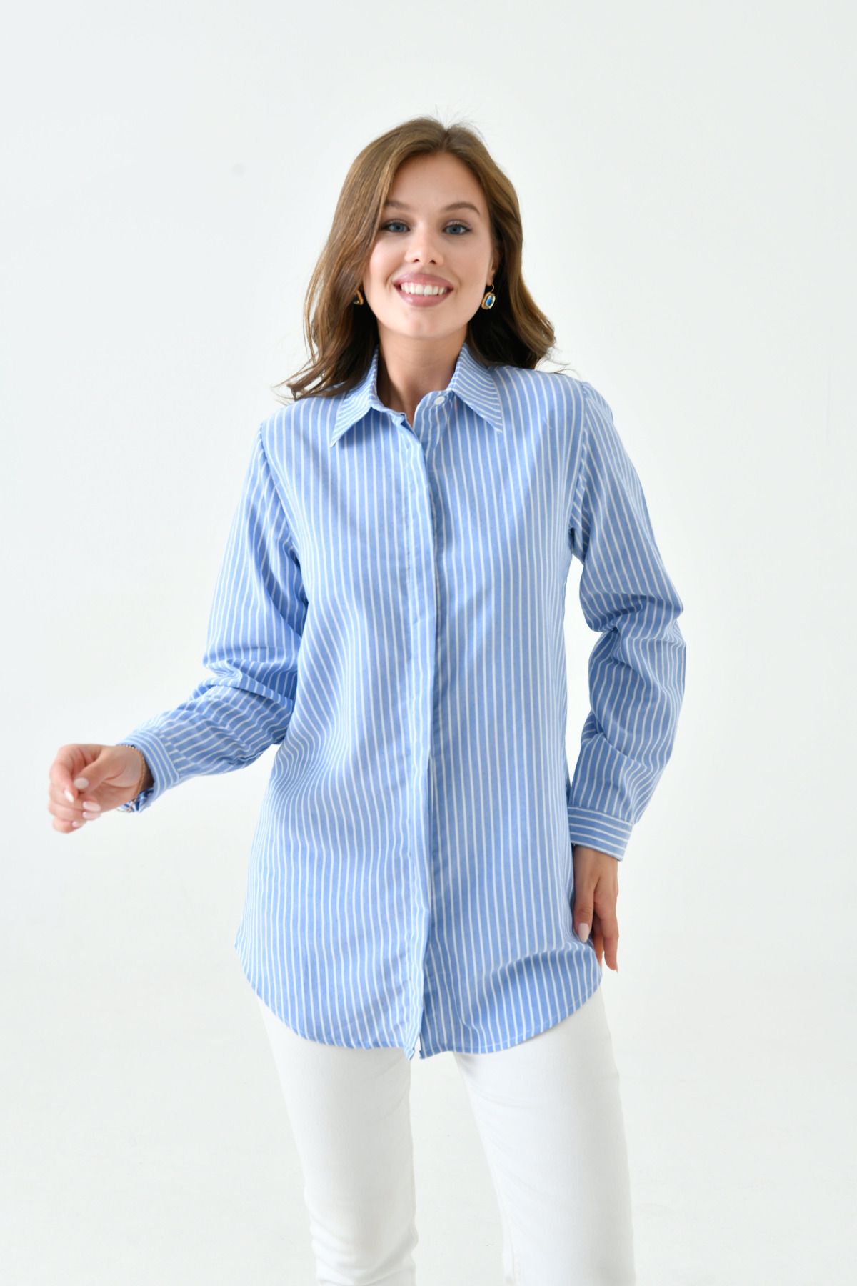 enmodaiçgiyim-Blue-White Striped Long Basic Women's Shirt 7