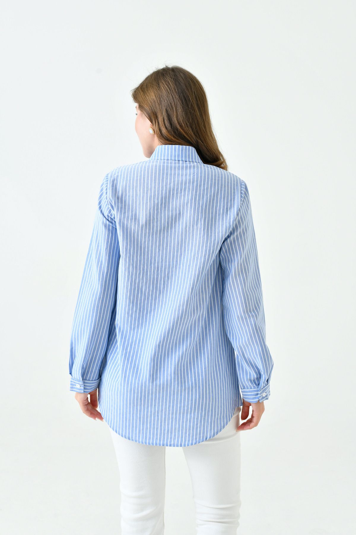 enmodaiçgiyim-Blue-White Striped Long Basic Women's Shirt 8