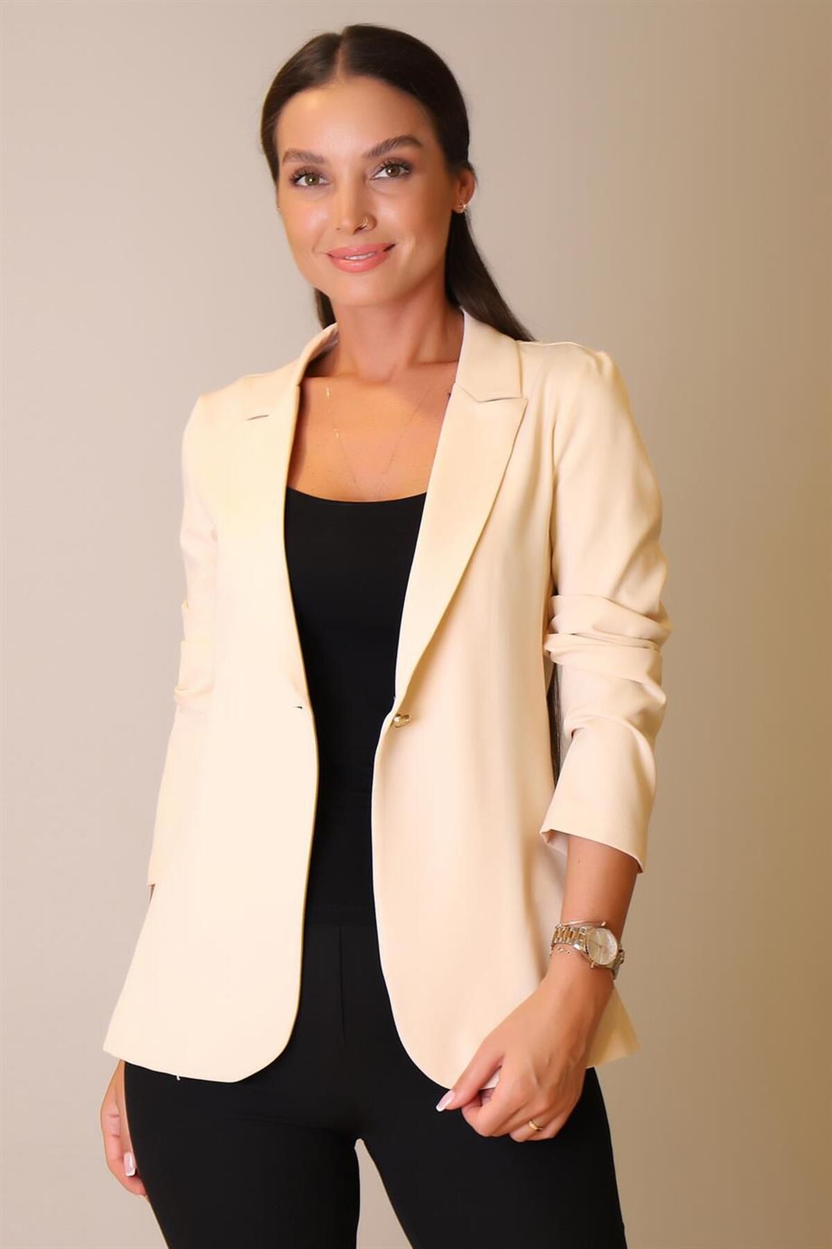 SWEETNESS-Women's Beige Single Button Jacket 5