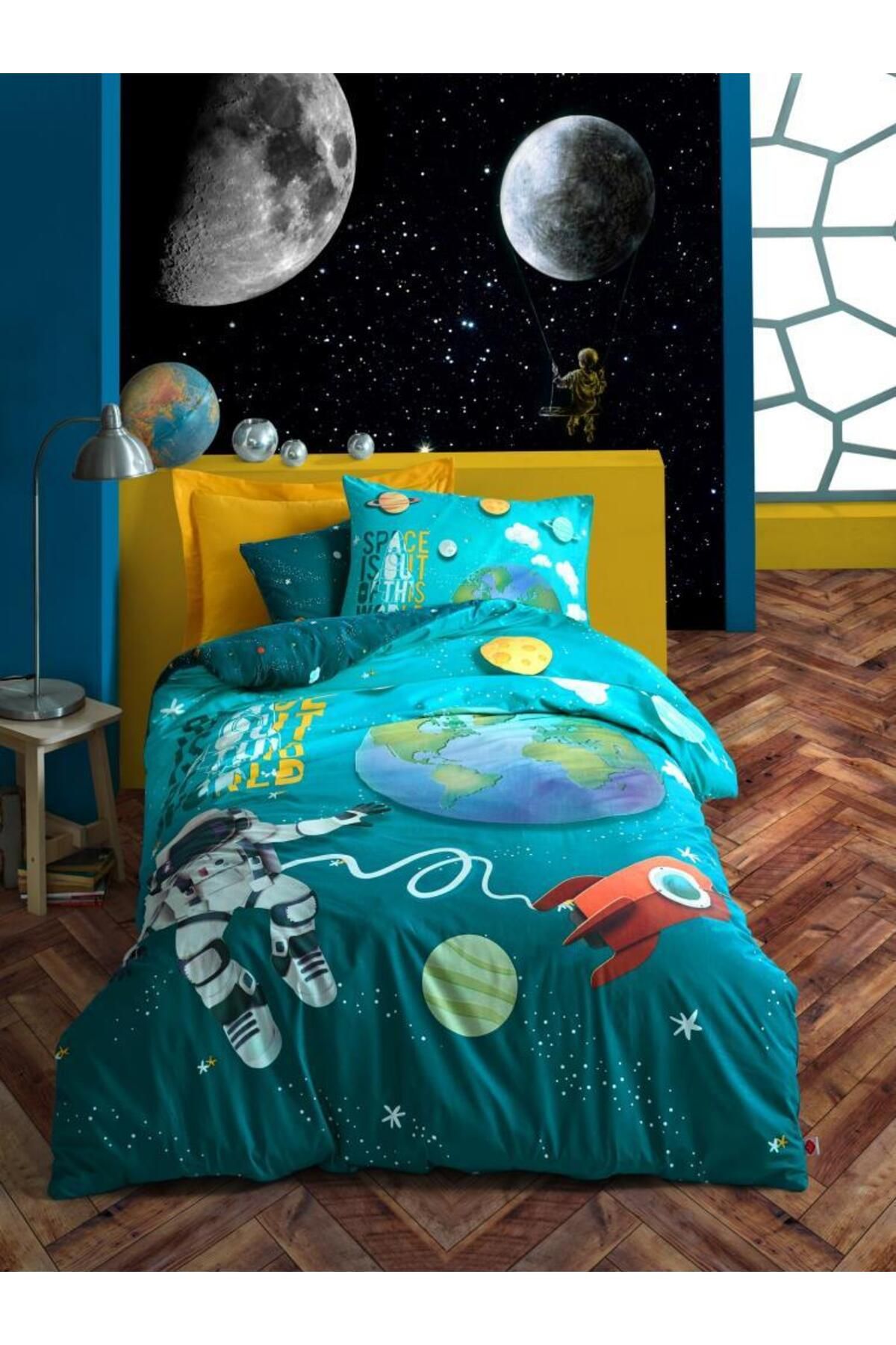 FAYMEM GLOBAL Genç Ranforce Nevresim Takımı Tek Kişilik Little Astronaut Turkuaz