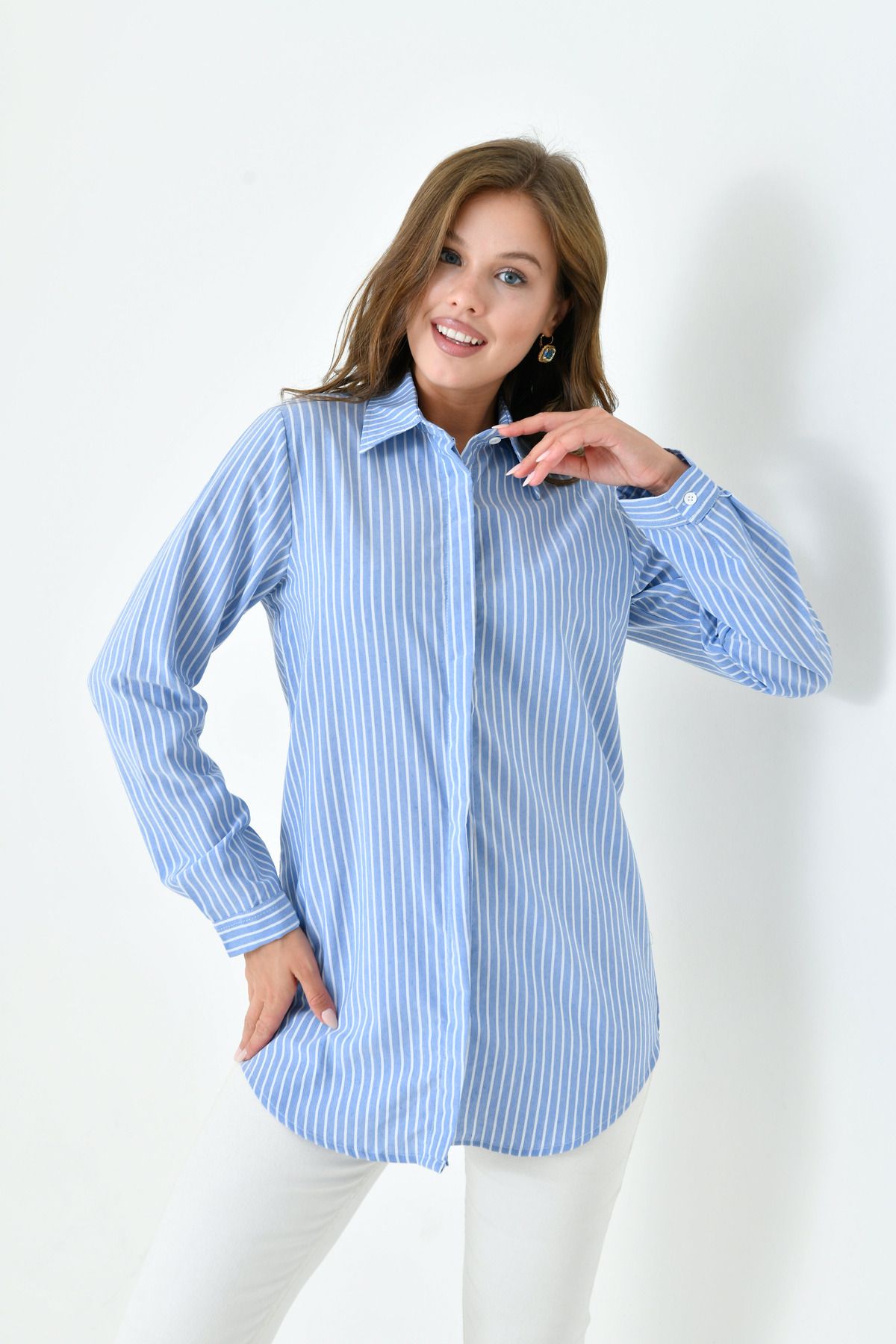 enmodaiçgiyim-Blue-White Striped Long Basic Women's Shirt 3