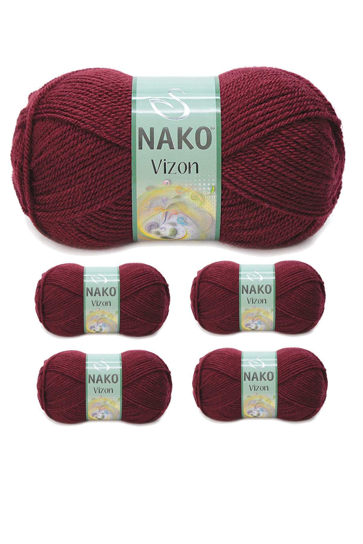 NAKO 5 Adet Vizon Premium Akrilik El Örgü İpi Yünü Renk No:999 Bordo