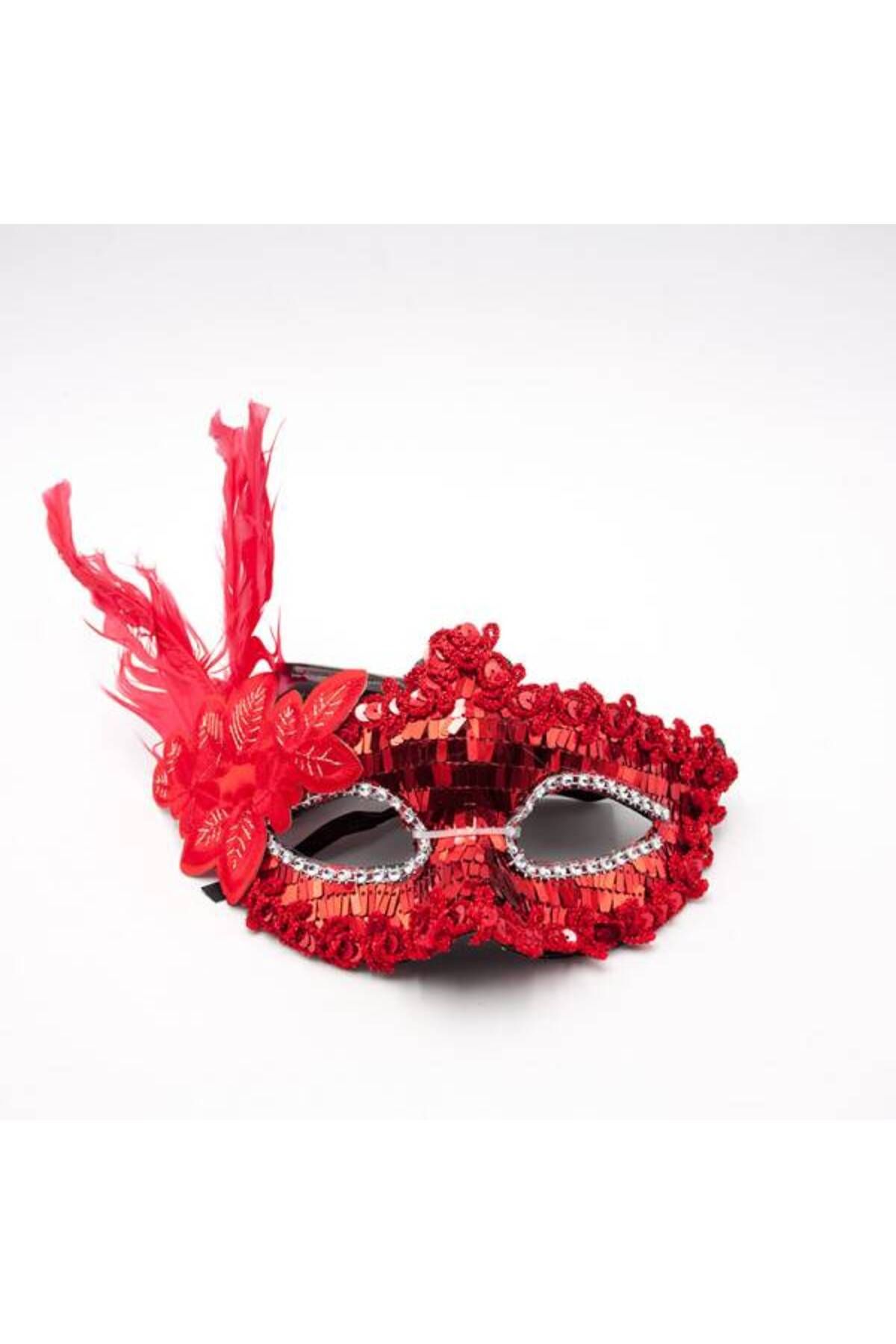 CEKAVE-Red Sequined Sequin Red Color Side Feather Party Mask 18x22 Cm 3