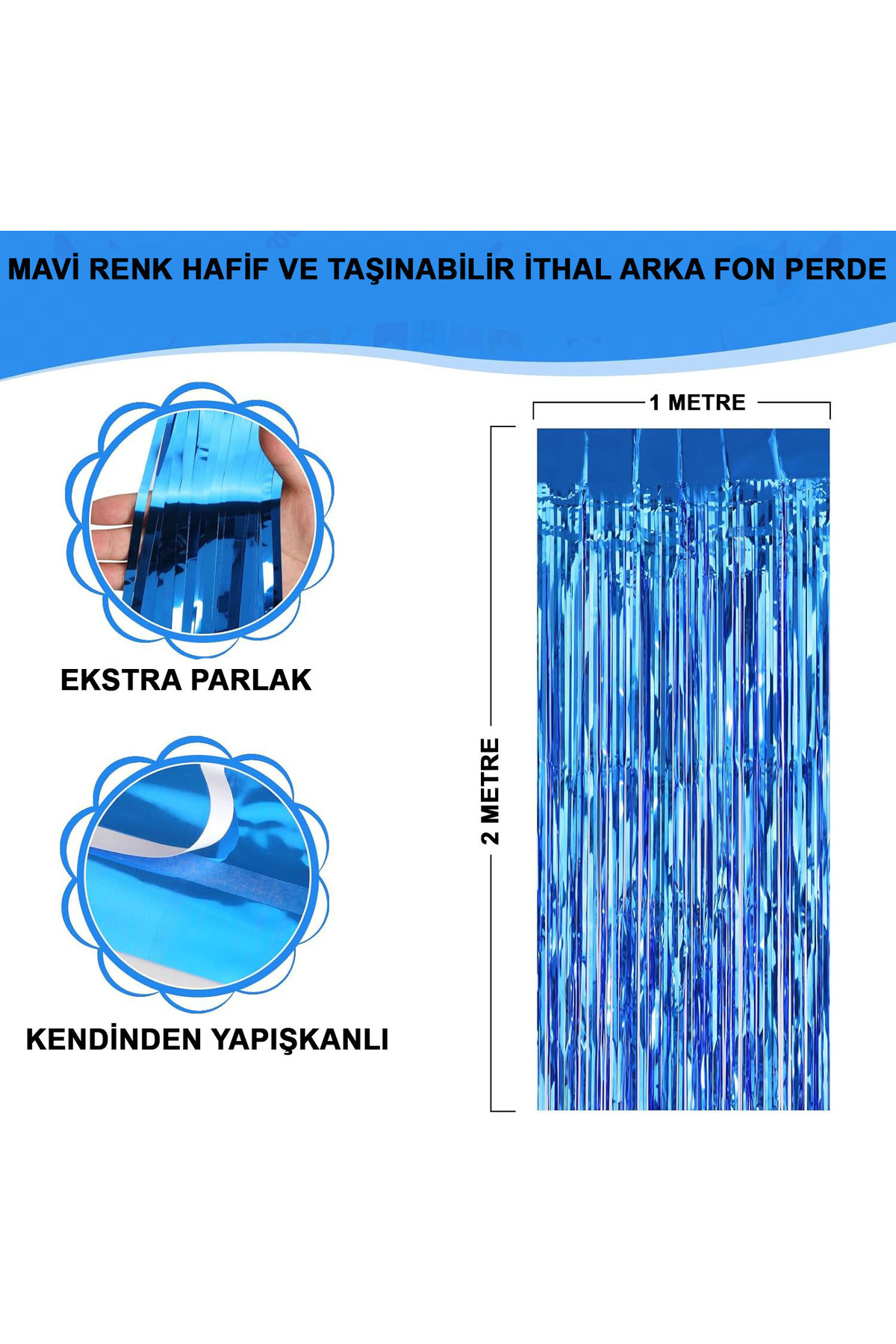 BilfolD Mavi Renk Ekstra Metalize Parlak Saçaklı Arka Fon Perde İthal A Kalite 1x2 Metre