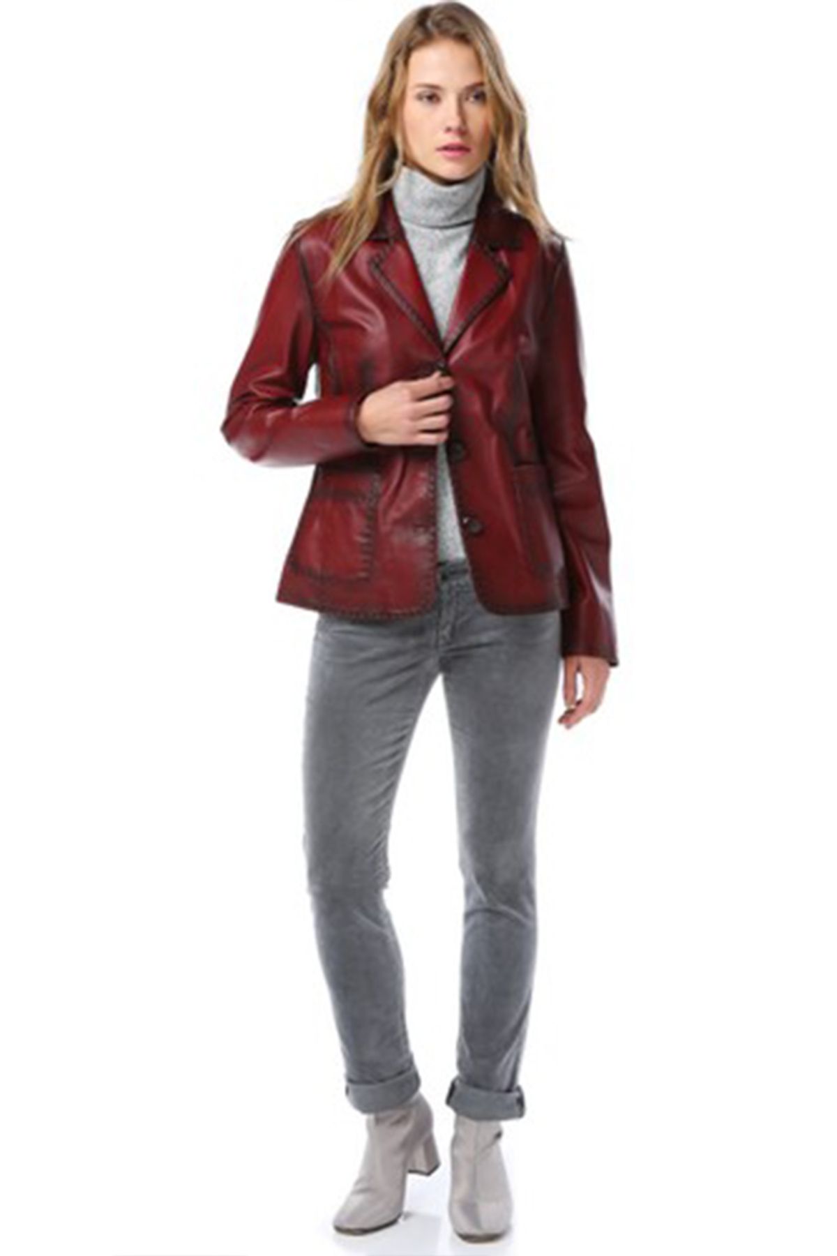 Dericlub-Lyon Women's - Genuine Leather Three-Button Blazer Jacket, Ox. Claret Red 2