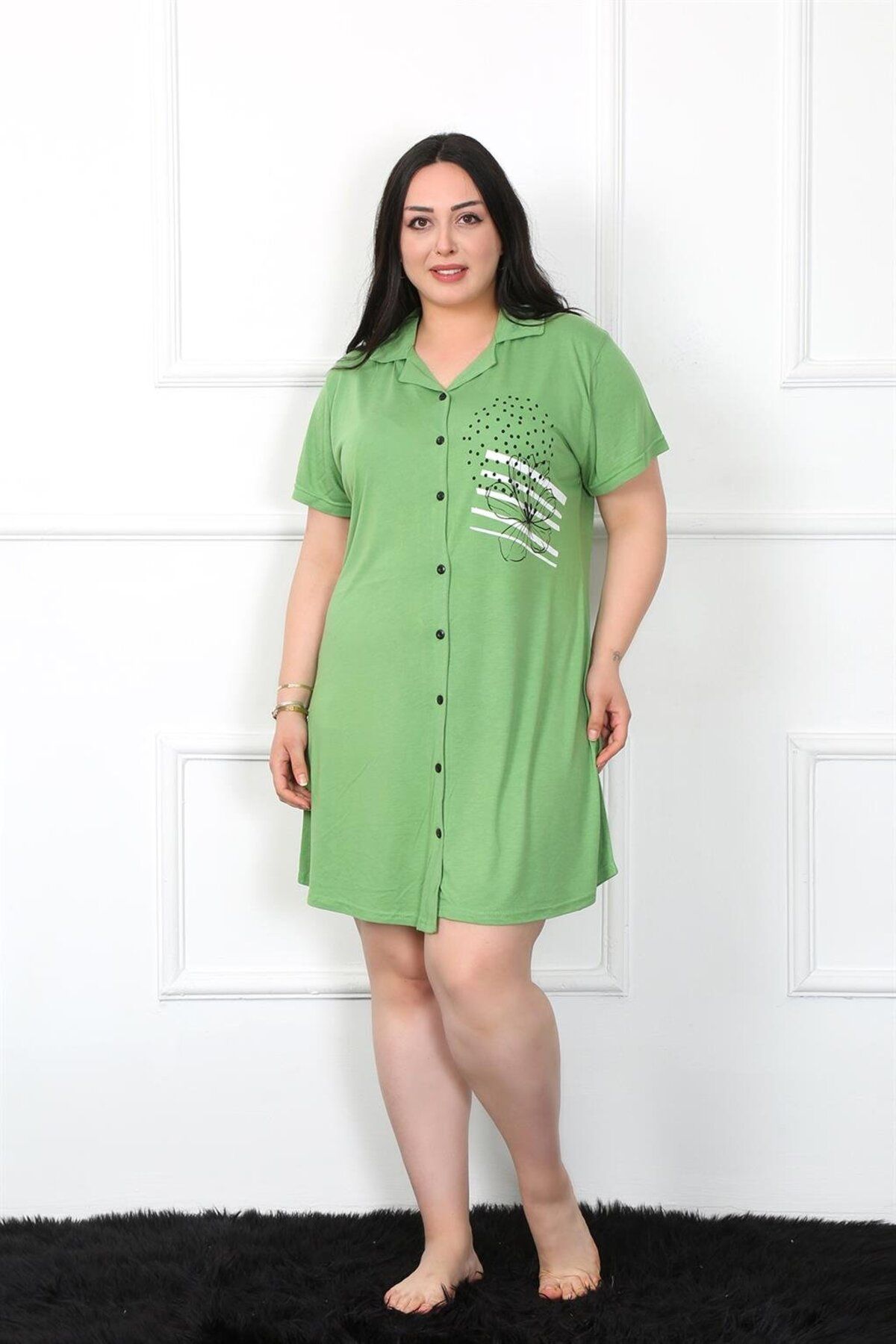 ZenWave-Fashion Line Plus Size Combed Cotton Buttoned Green Tunic Nightgown 1025 1