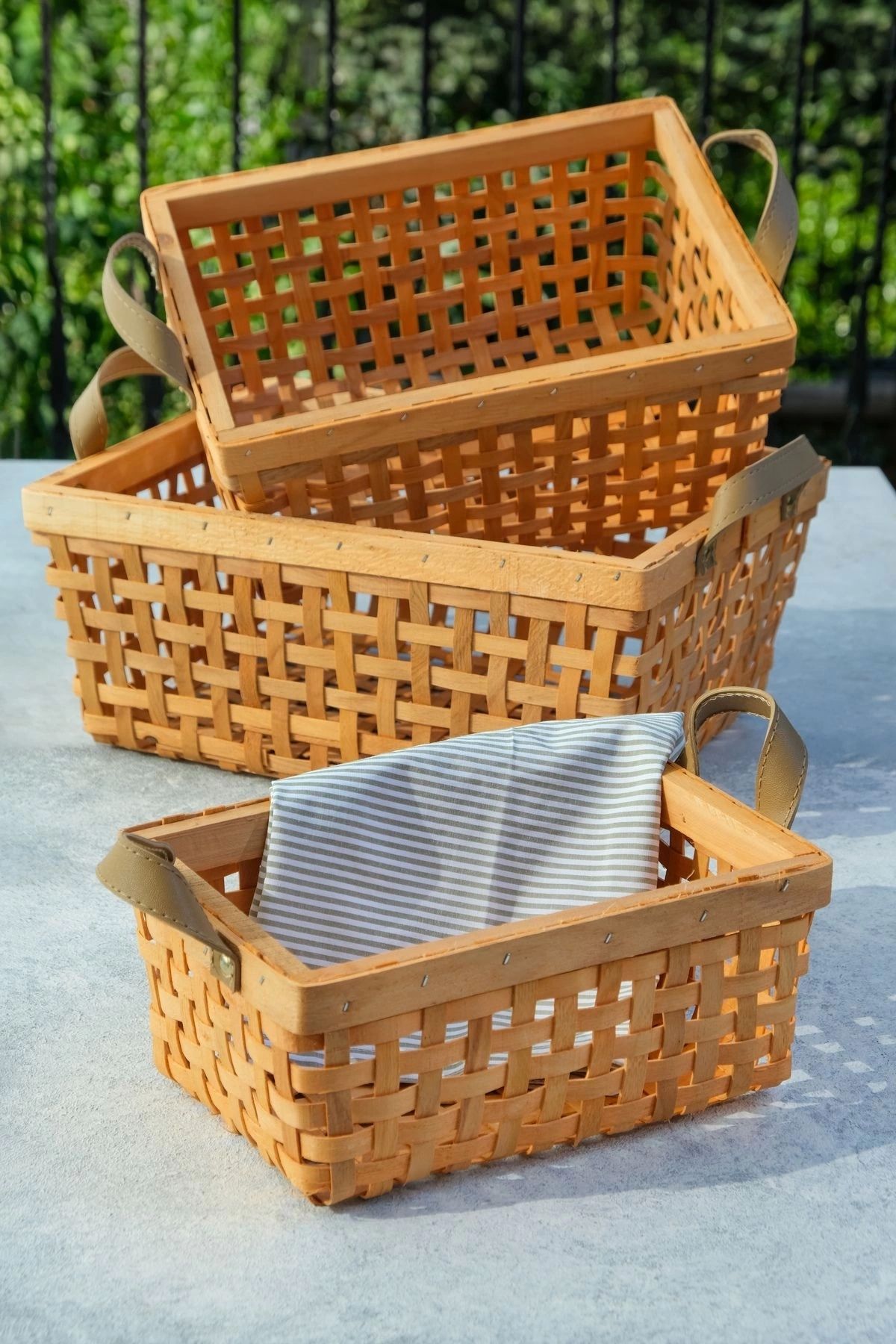 AVANTAGE HOME-Aiden - Set decorativ de 3 coșuri din lemn multifuncțional, lucrate manual, cu mânere 5