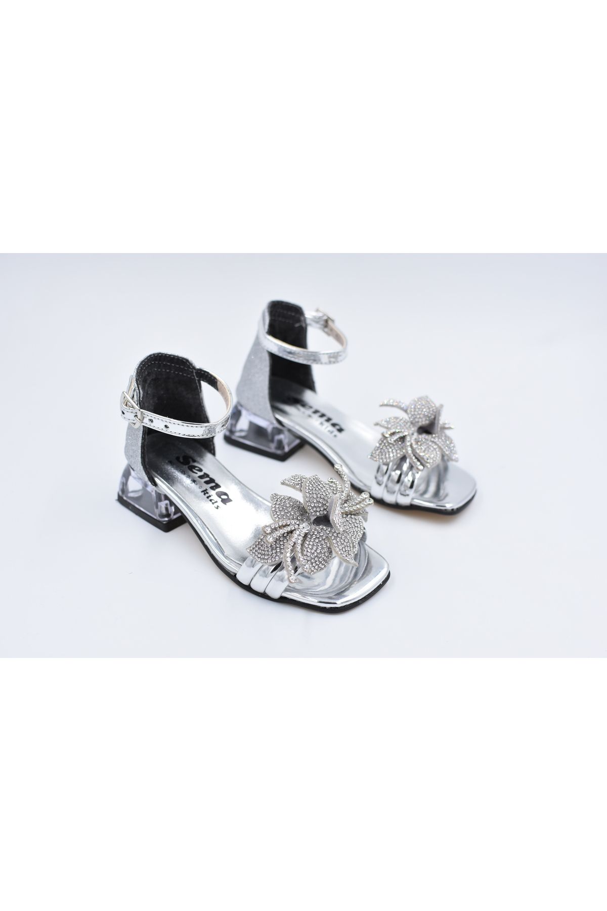 BEYAZ-Glass Heel Children's Evening Shoes - Flower Stone Detailed, SILVER 1