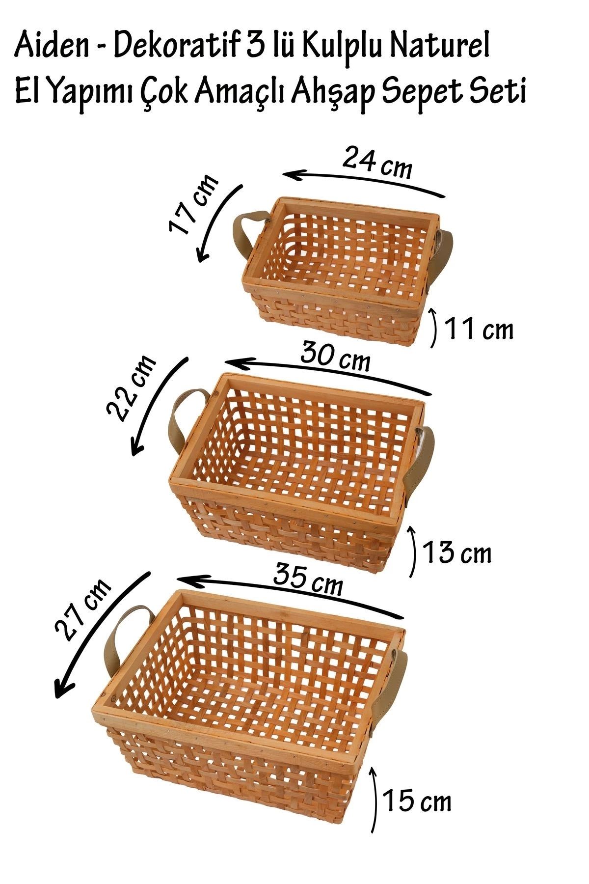 AVANTAGE HOME-Aiden - Set decorativ de 3 coșuri din lemn multifuncțional, lucrate manual, cu mânere 8
