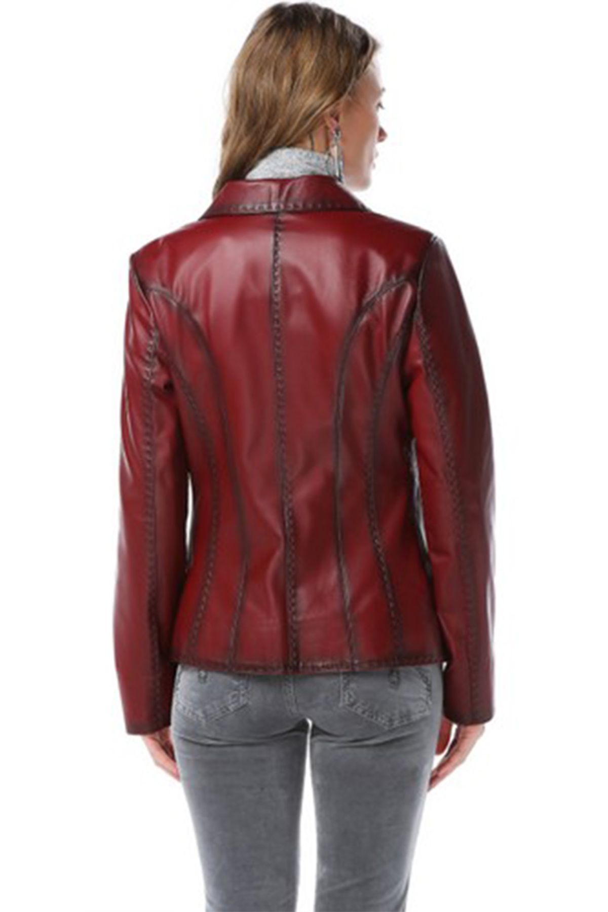 Dericlub-Lyon Women's - Genuine Leather Three-Button Blazer Jacket, Ox. Claret Red 3