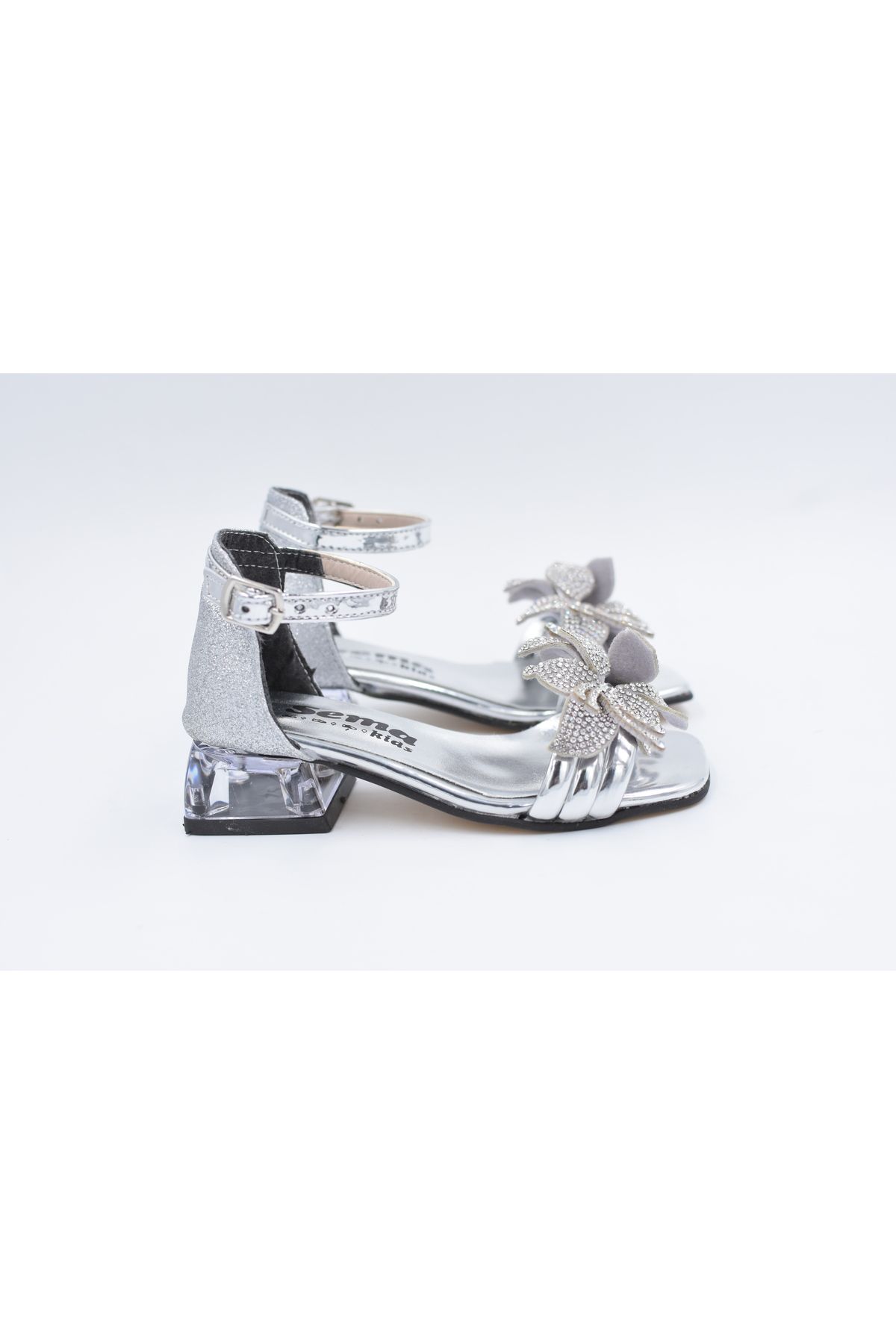 BEYAZ-Glass Heel Children's Evening Shoes - Flower Stone Detailed, SILVER 3