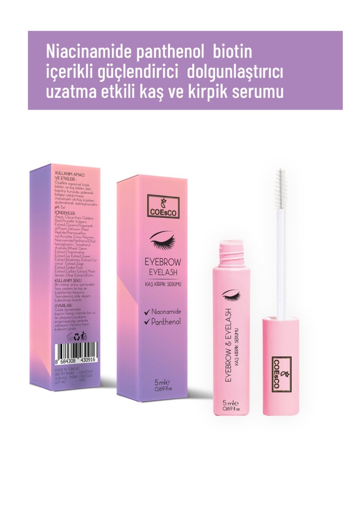 COEsCO Biotin,niacinamide, Panthenol Içeren Kirpik Uzatıcı,besleyici,güçlendirici Kaş Ve Kirpik Serumu 5ml