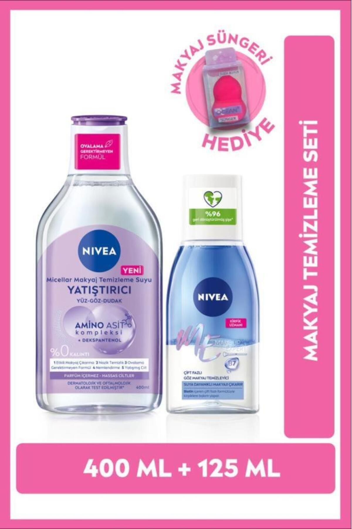 NIVEA Çift Fazlı Göz Makyaj Temizleyici, Yatıştırıcı Micellar Makyaj Temizleme Suyu 400ml, Sünger Hediyeli